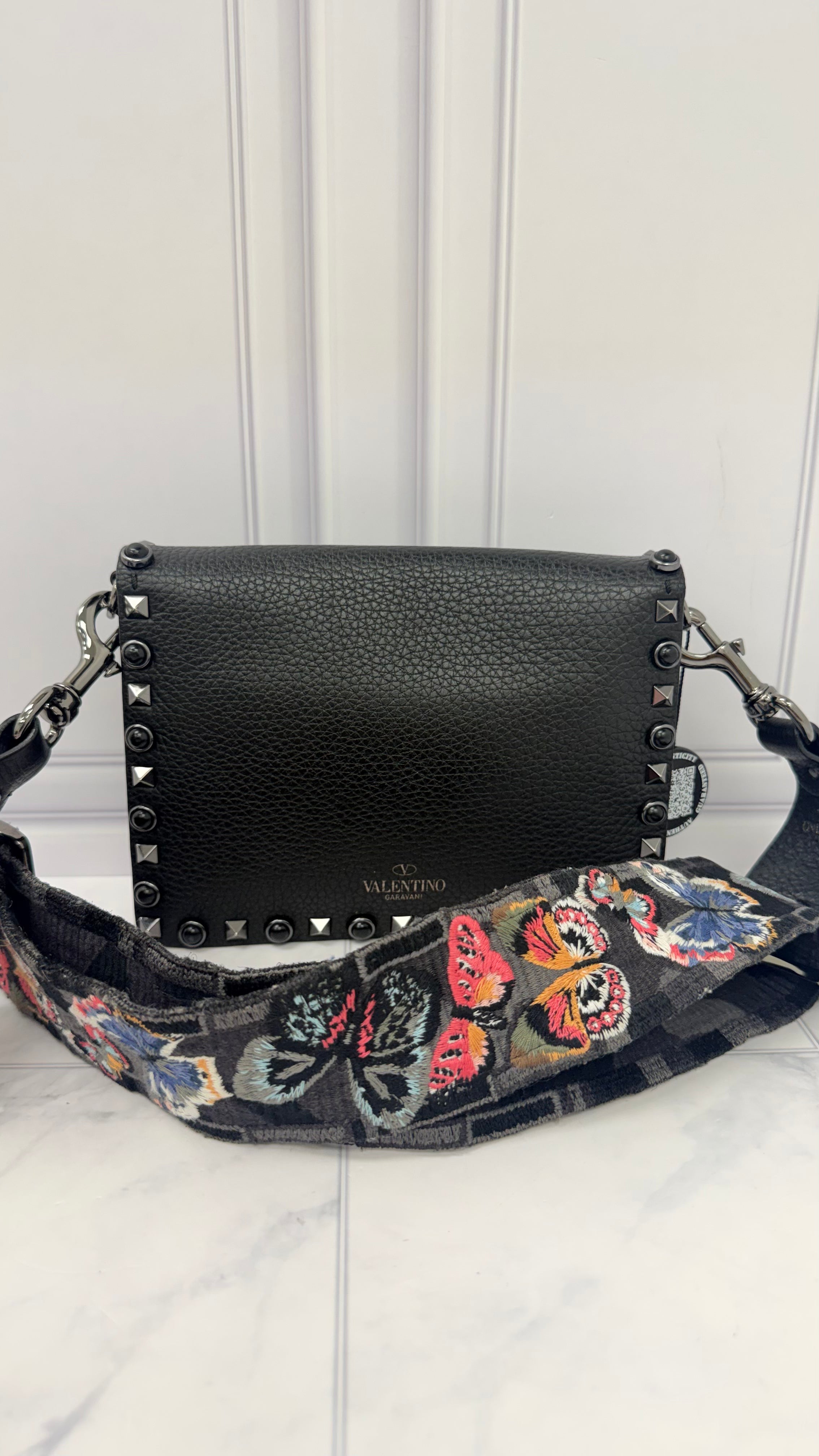 Valentino Black Grained Leather Rockstud Rolling Crossbody Bag