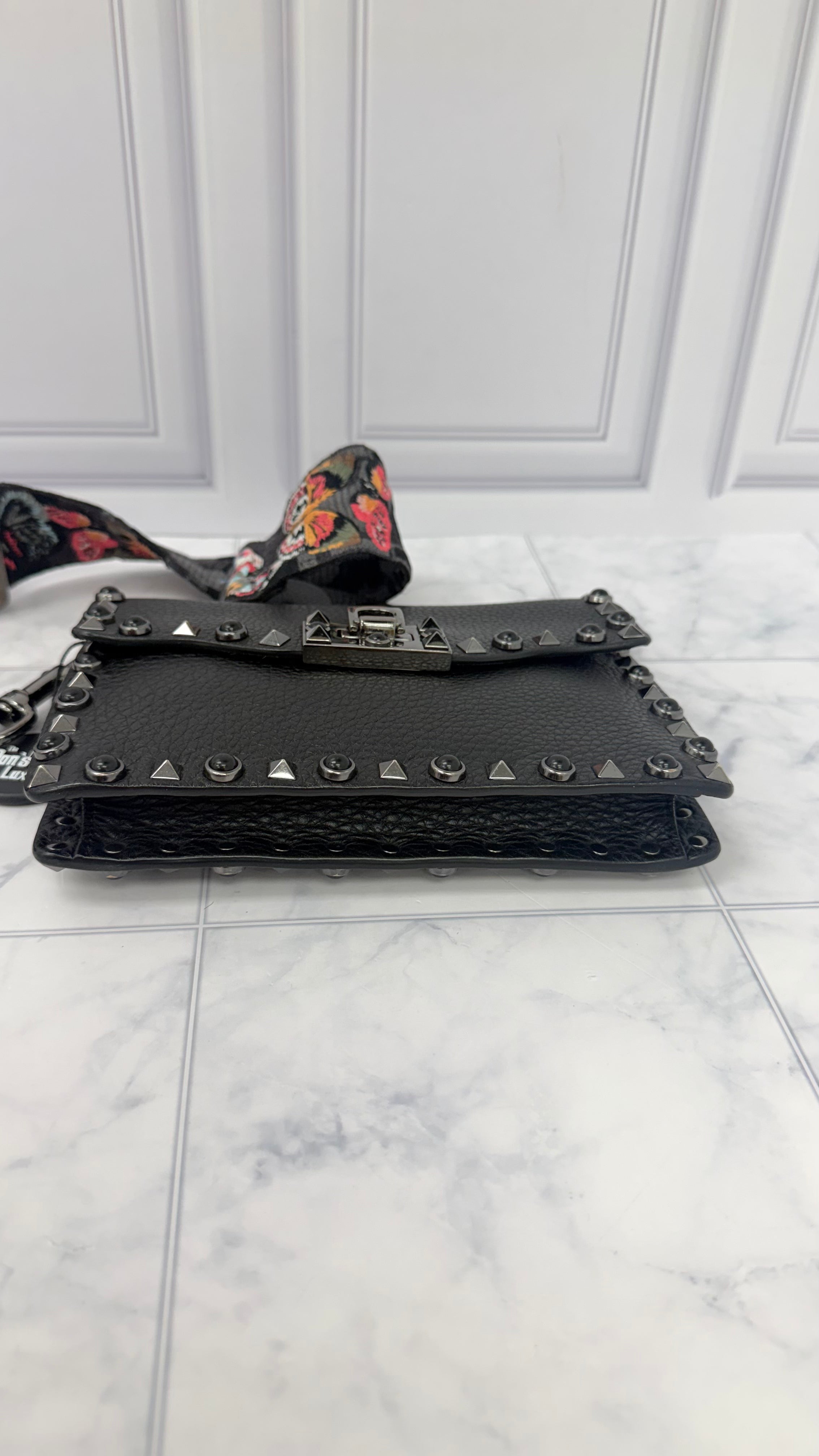 Valentino Black Grained Leather Rockstud Rolling Crossbody Bag