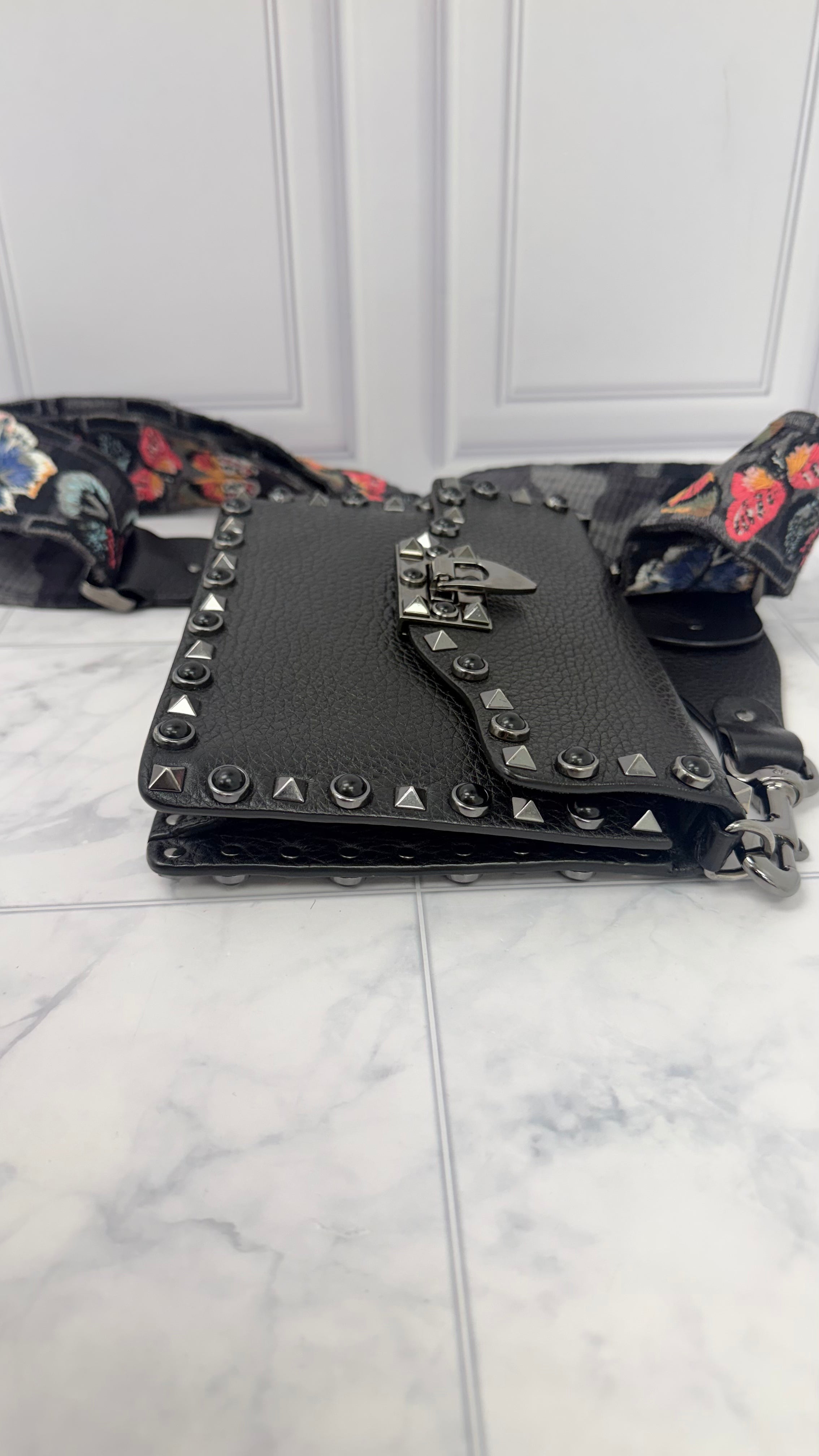 Valentino Black Grained Leather Rockstud Rolling Crossbody Bag