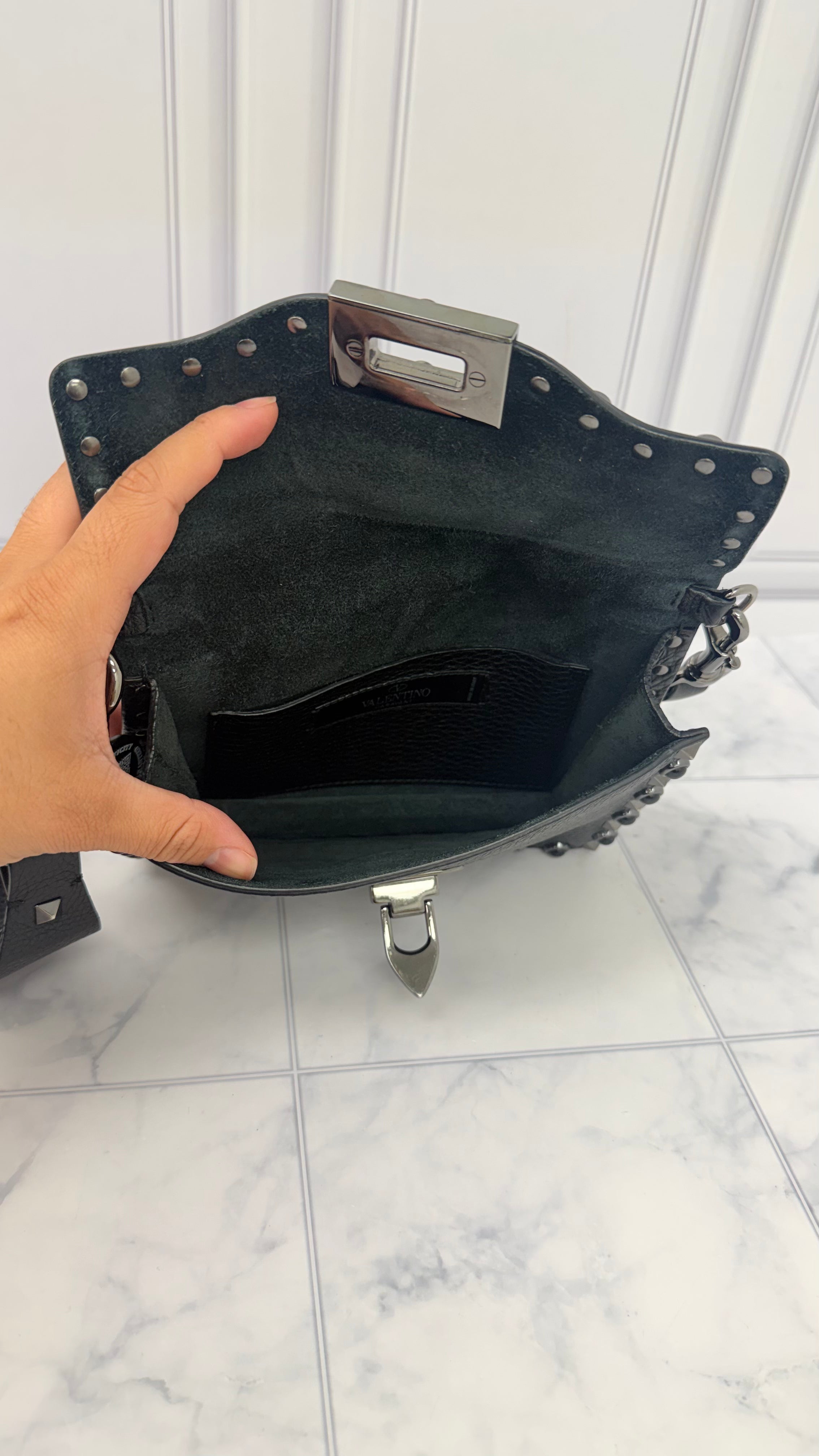 Valentino Black Grained Leather Rockstud Rolling Crossbody Bag