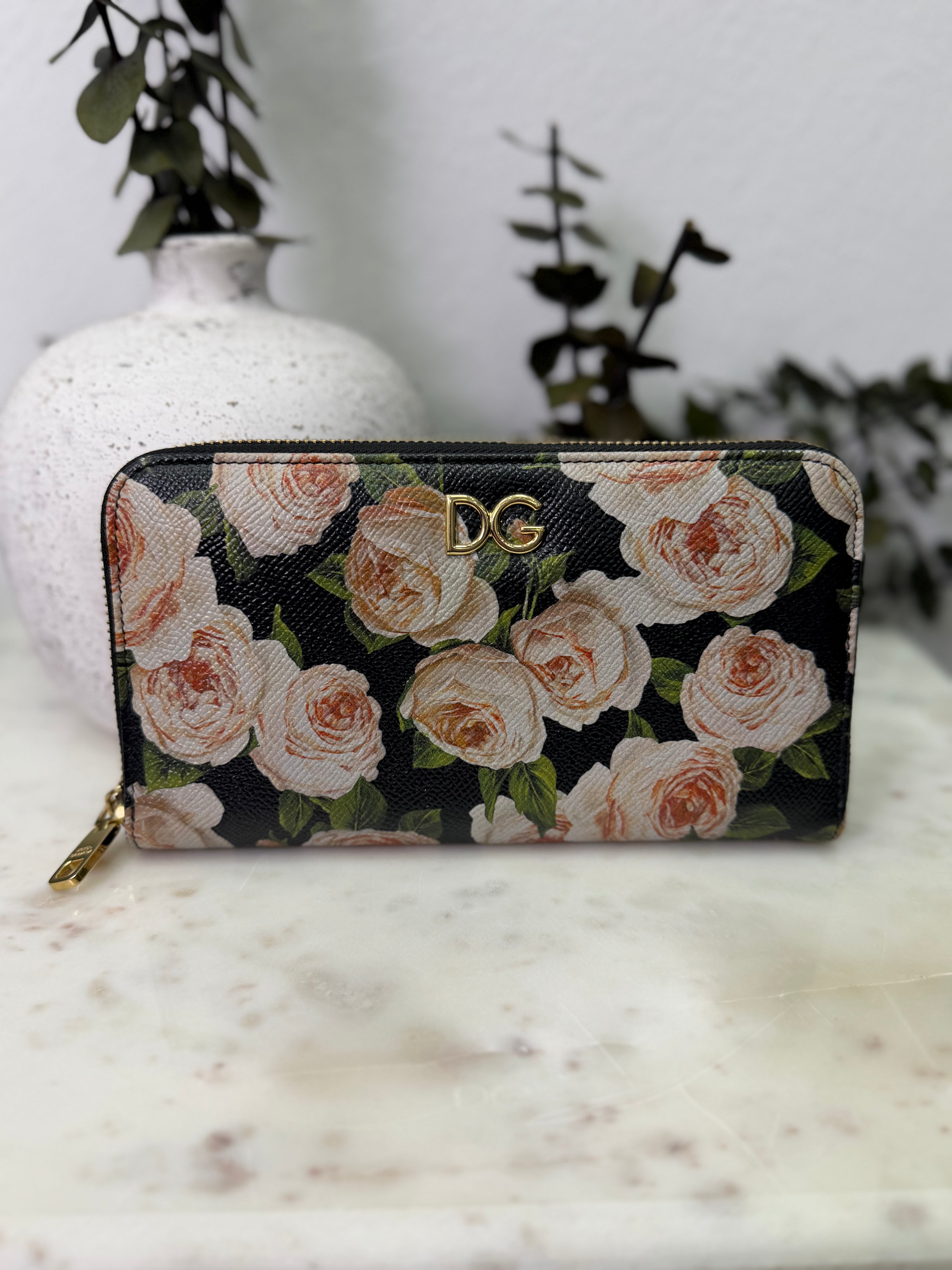 Dolce & Gabbana Black & Floral Print Leather Zippy Wallet