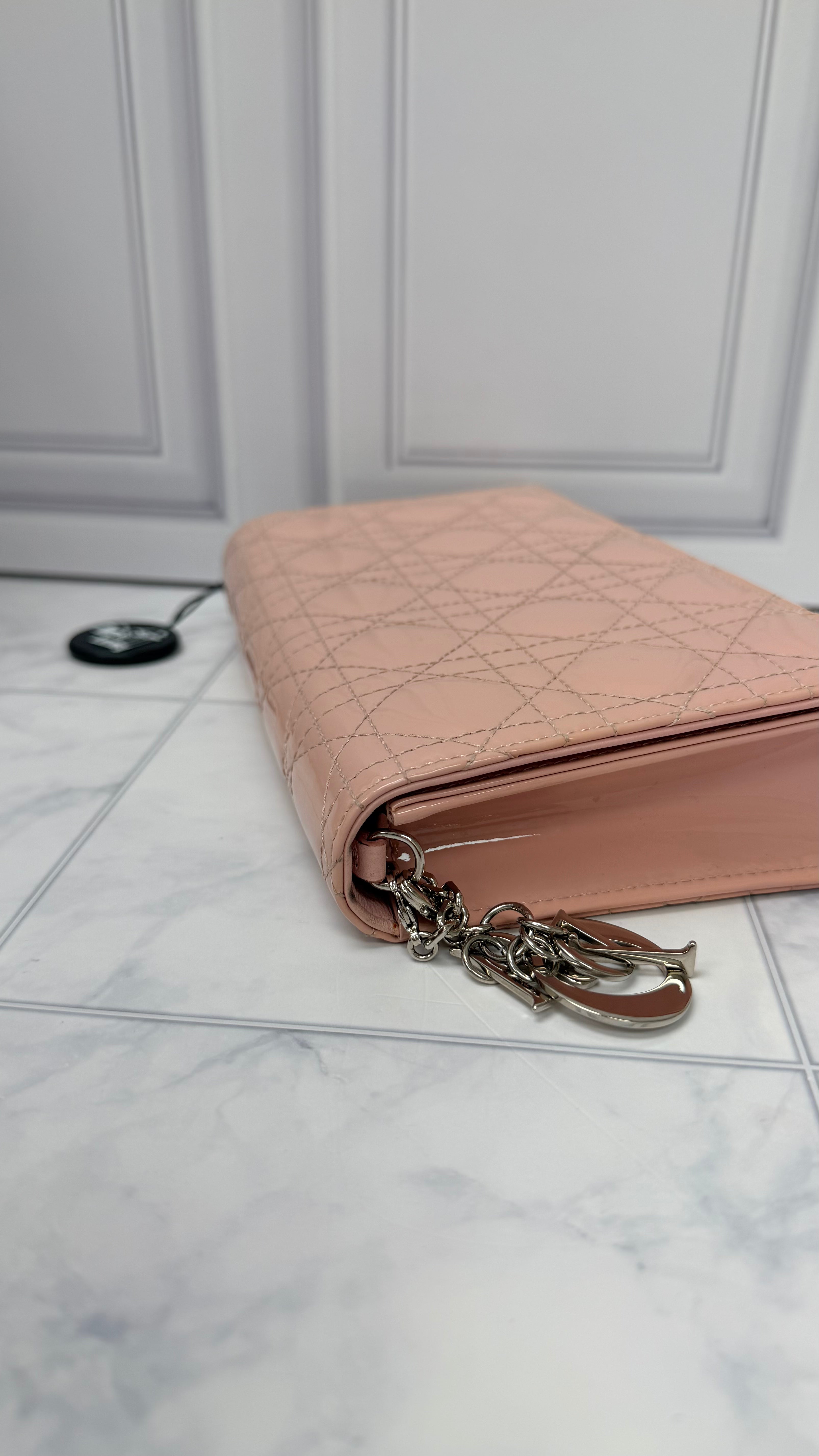 *DONS DROP* Christian Dior Pink Cannage Quilted Patent Leather Lady Dior Wallet on a Chain