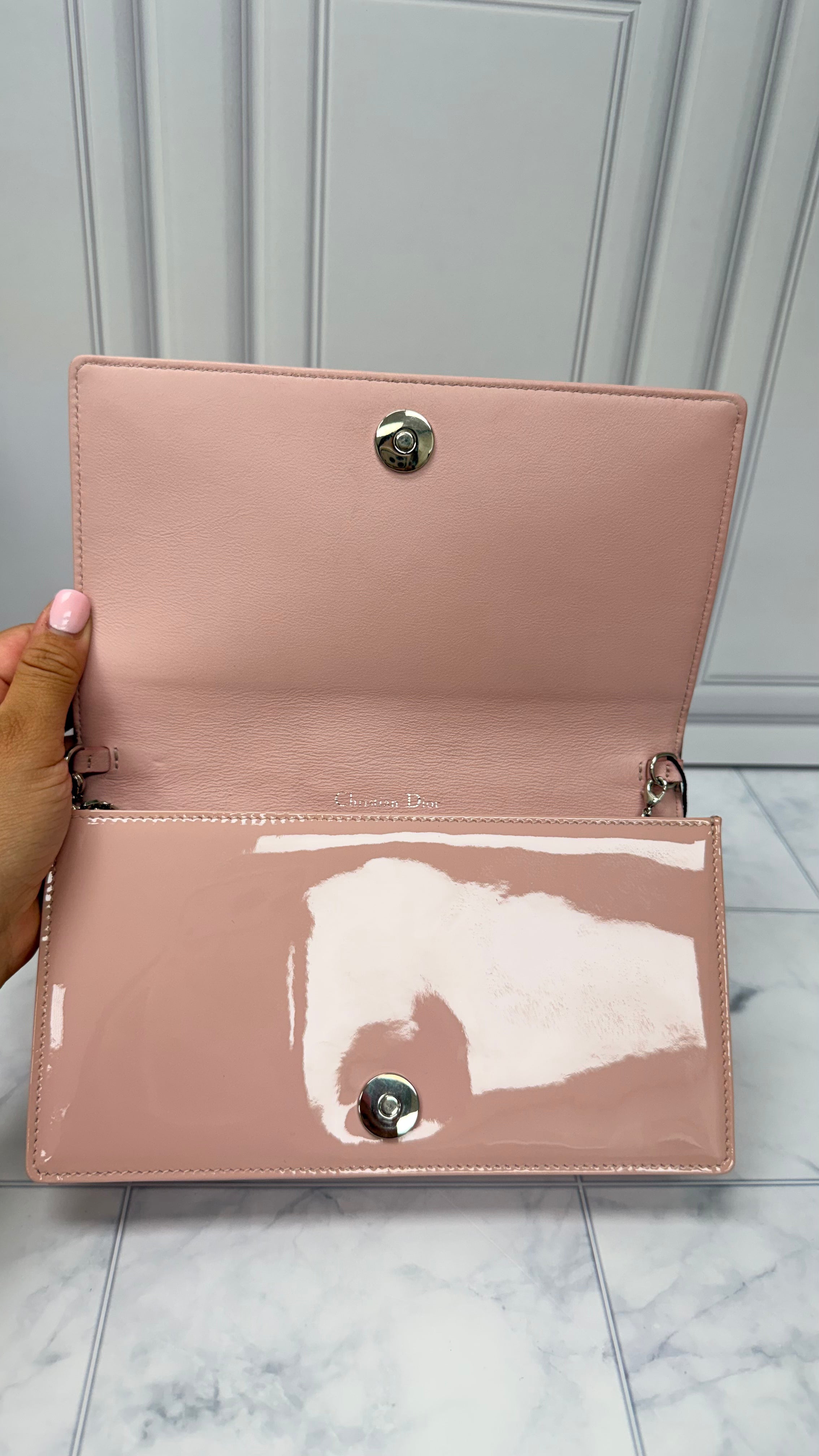 *DONS DROP* Christian Dior Pink Cannage Quilted Patent Leather Lady Dior Wallet on a Chain