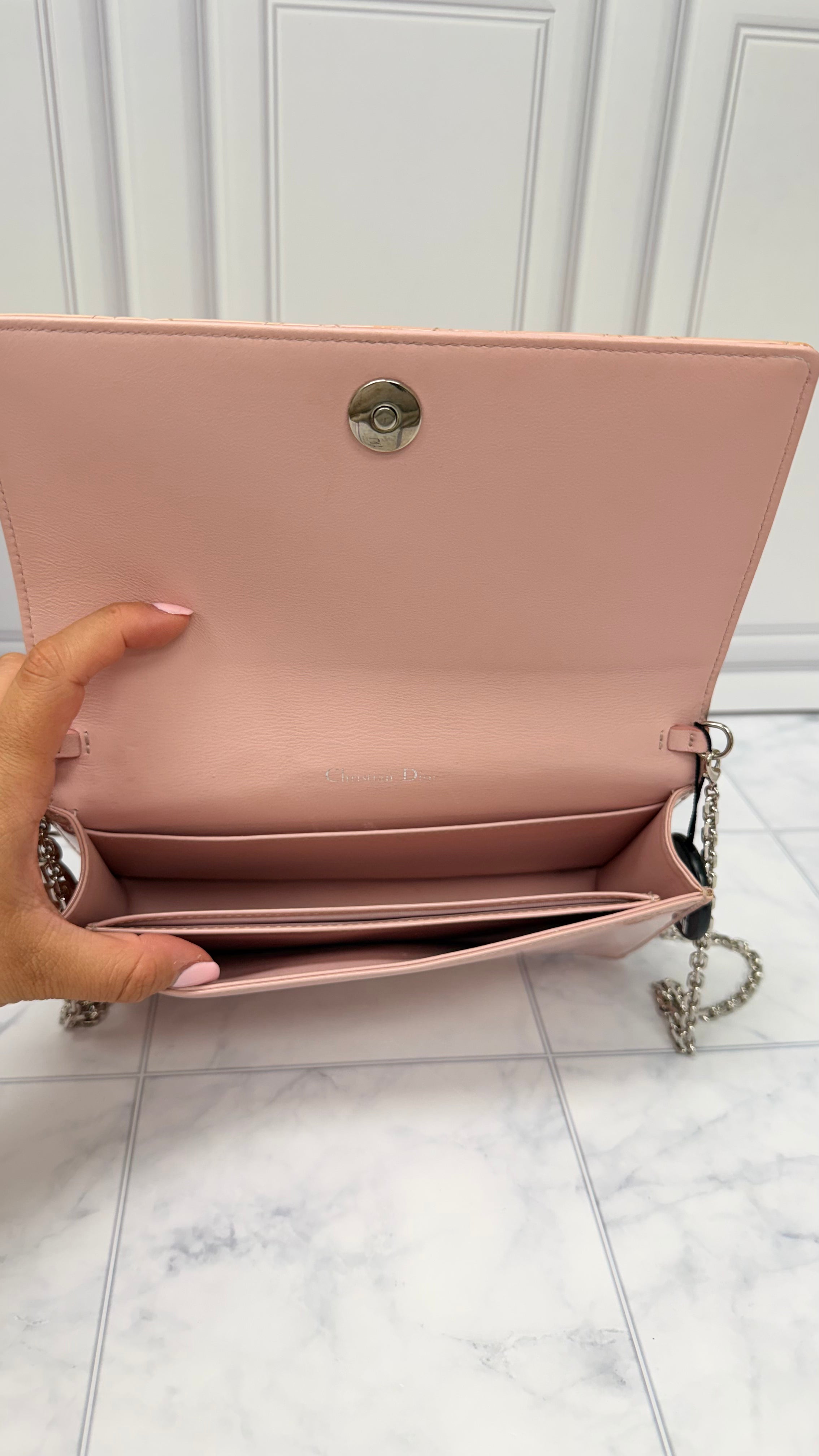 *DONS DROP* Christian Dior Pink Cannage Quilted Patent Leather Lady Dior Wallet on a Chain