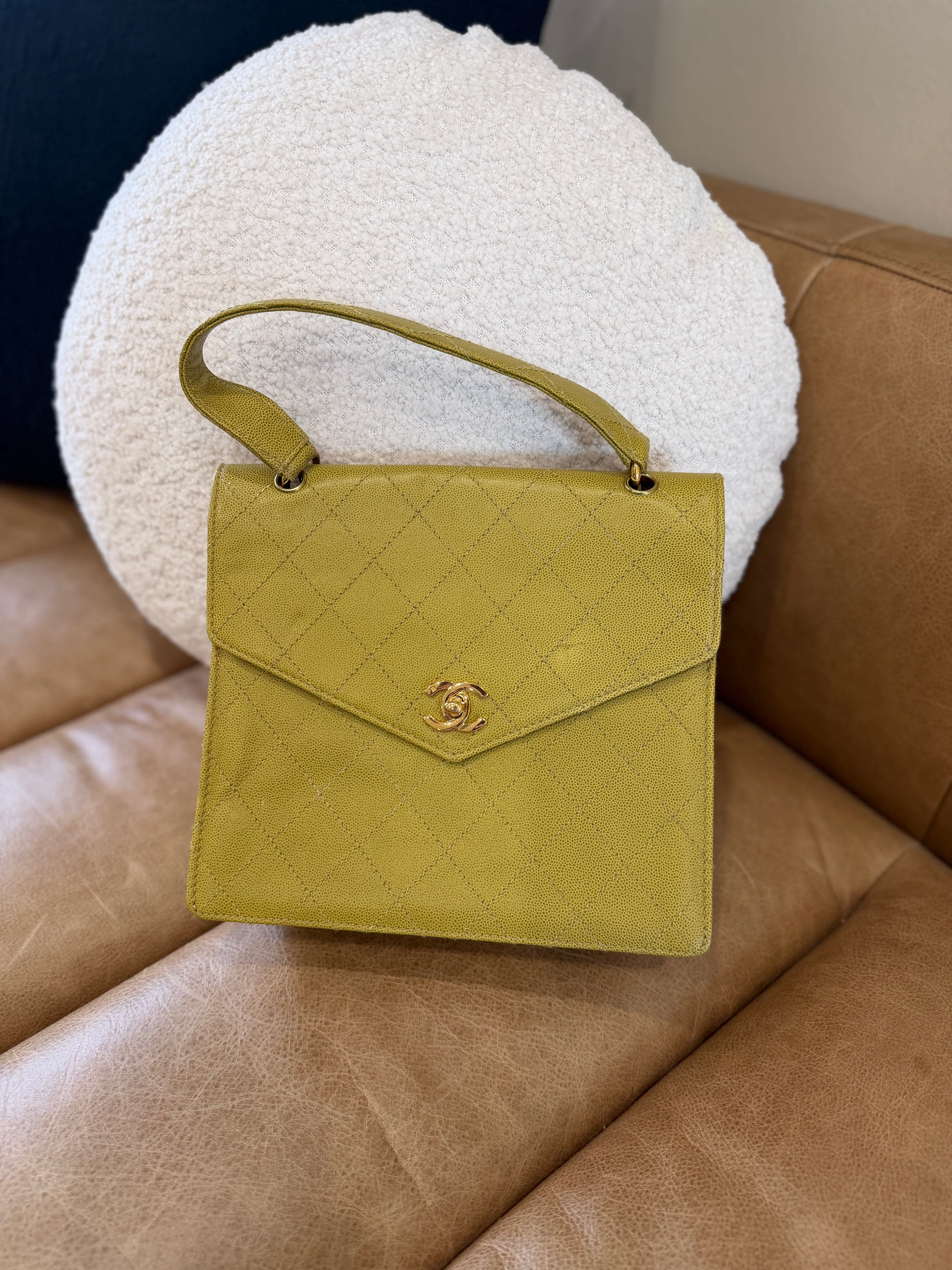 *DONS PRE-DROP* Chanel Vintage 24k Chartreuse Caviar Leather Kelly Top Handle Flap Bag