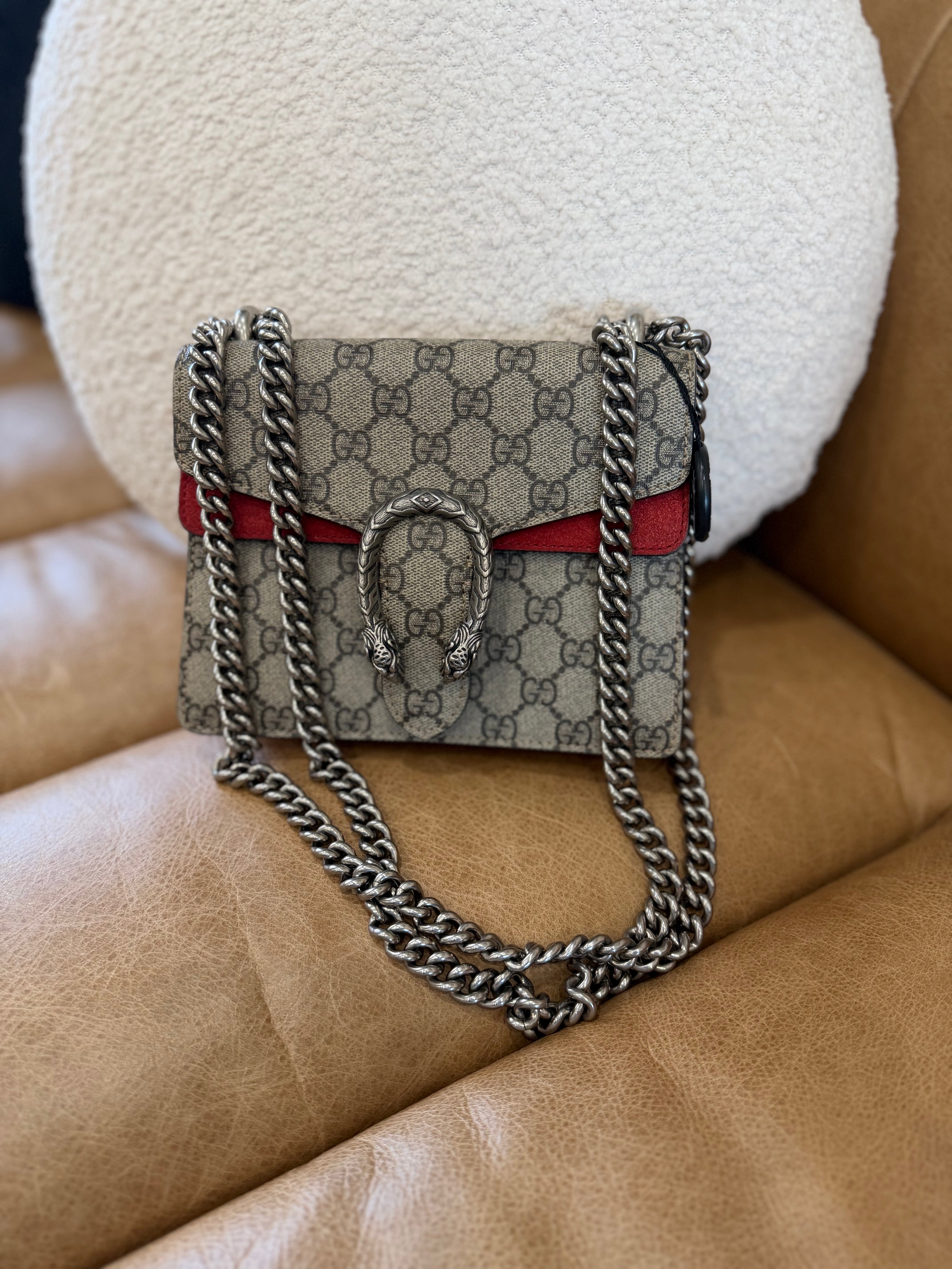 *DONS PRE-DROP* Gucci GG Supreme Canvas & Red Suede Mini Dionysus Chain Bag