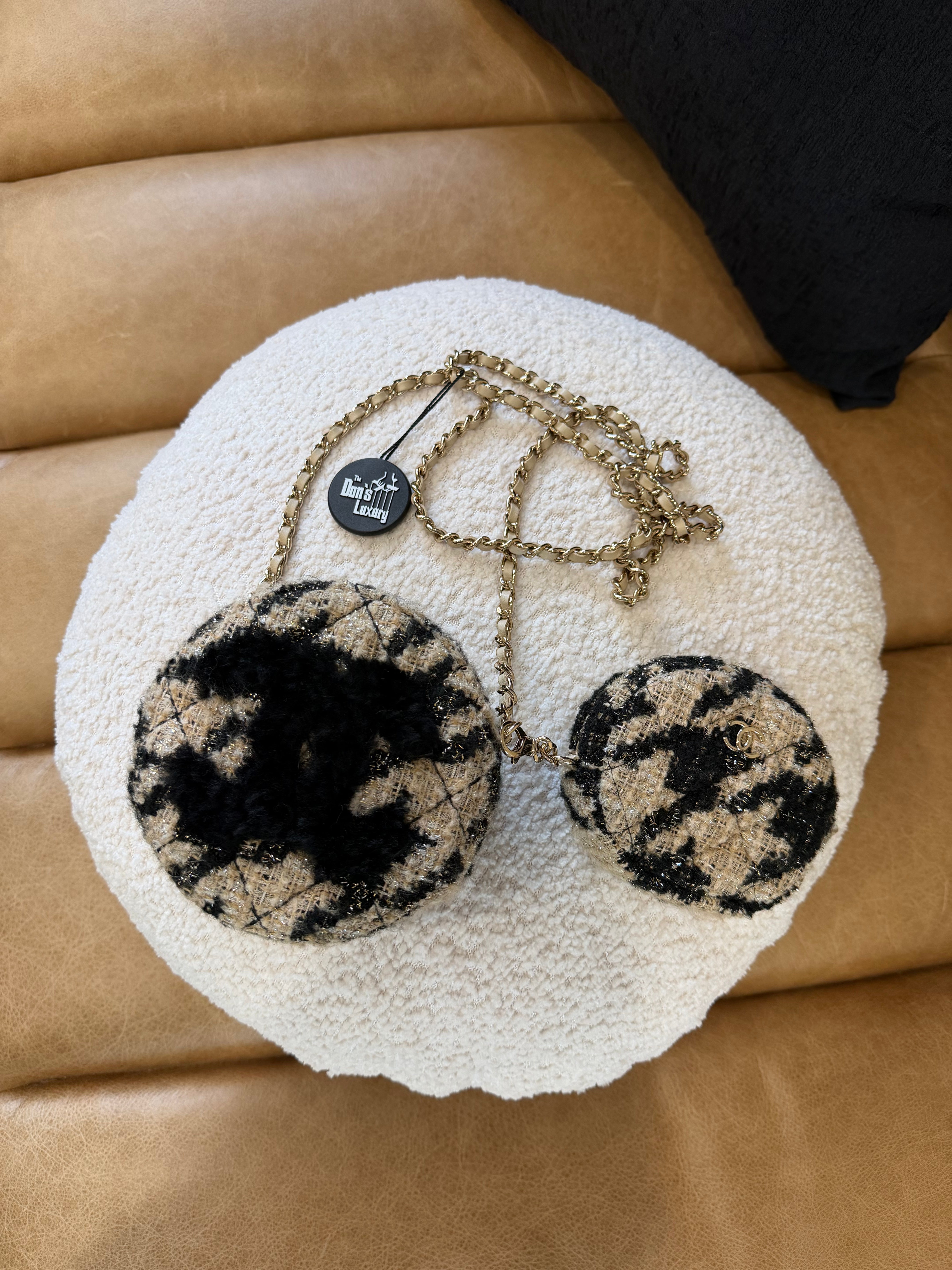 *DONS PRE-DROP* Chanel Beige & Black Tweed & Shearling Round Chain Bag & Coin Pouch
