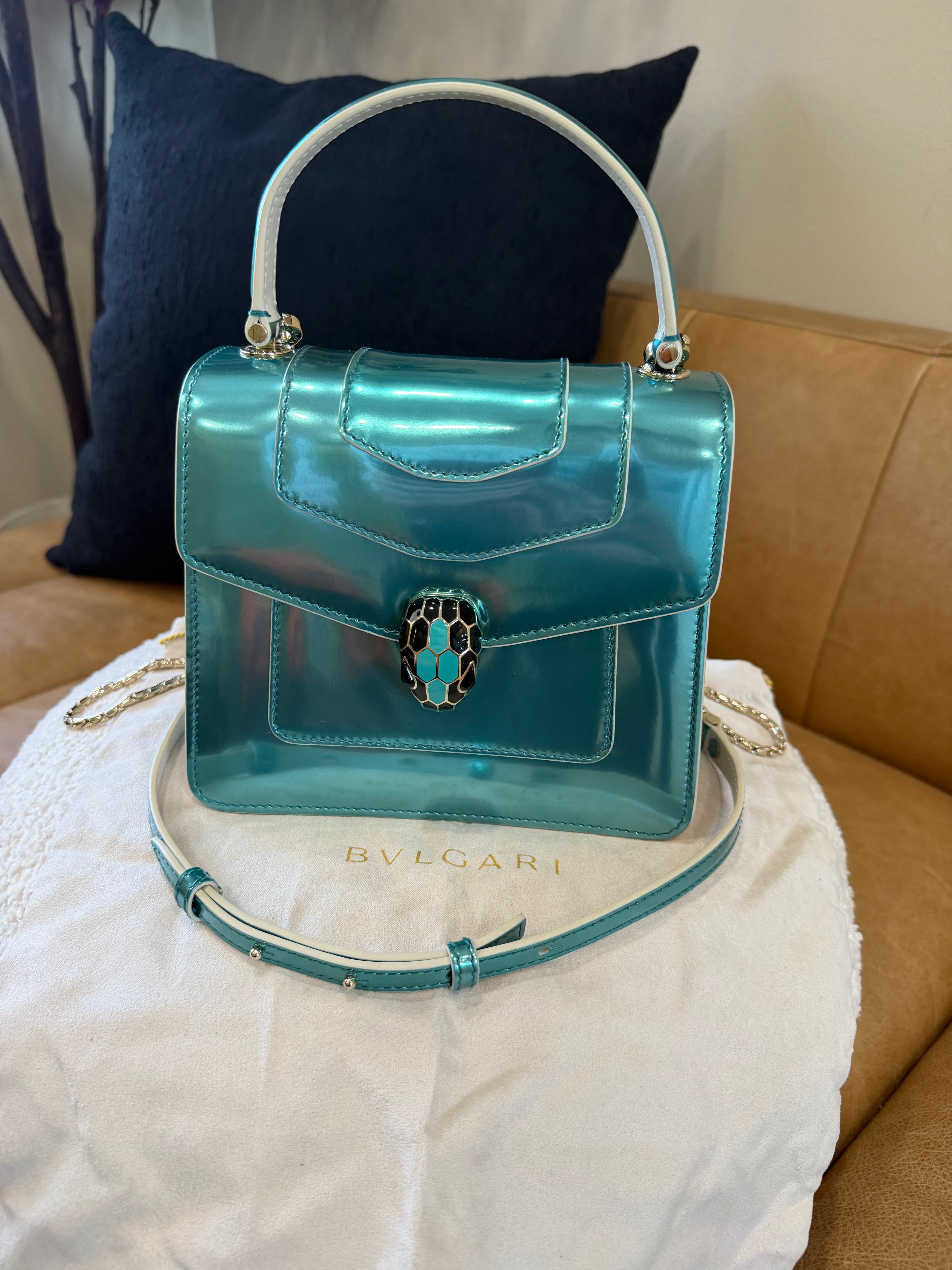 *DONS PRE-DROP* Bvlgari Metalic Turquoise Patent Leather Serpenti Forever Top Handle Bag