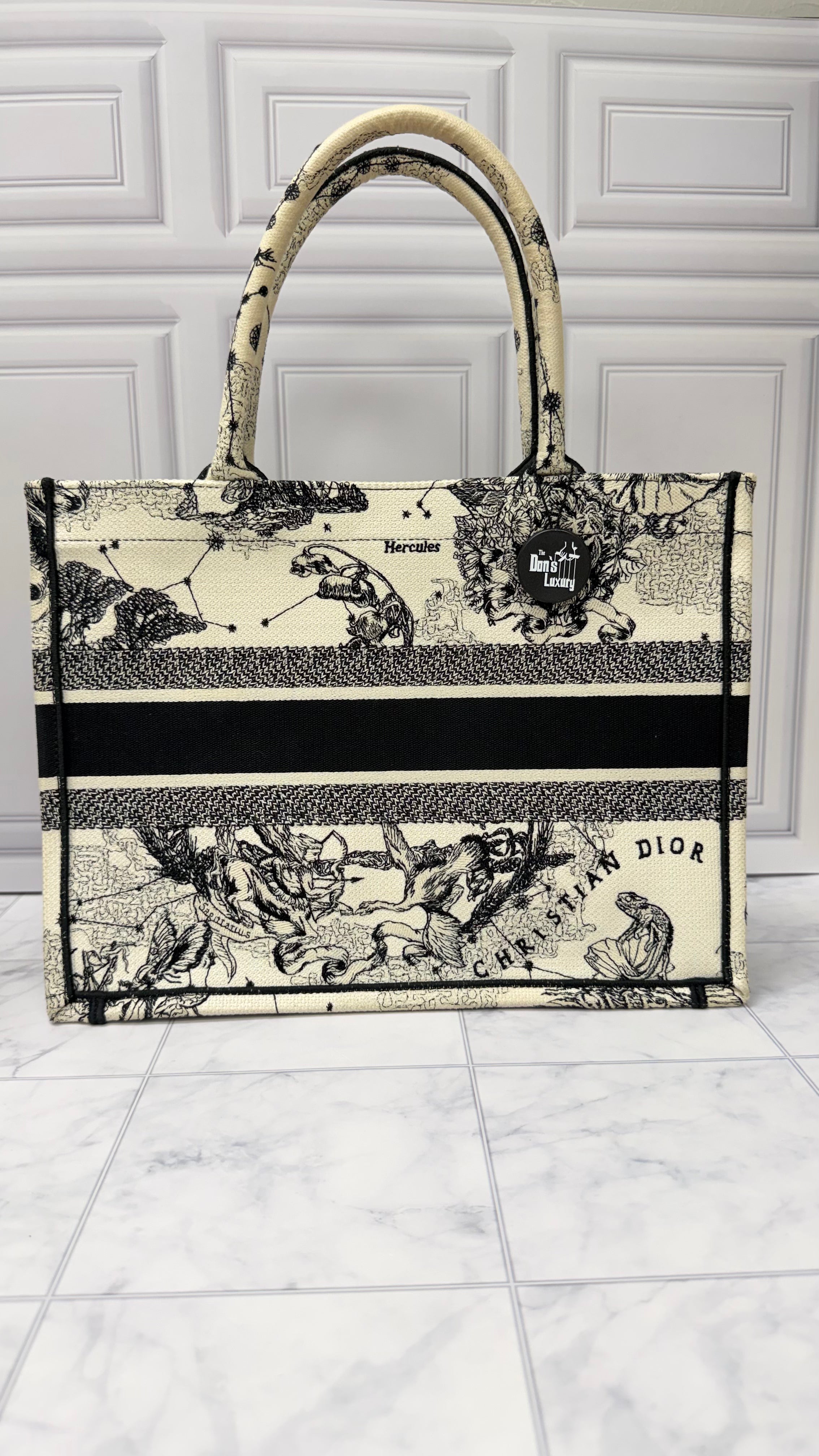 *DONS DROP* Christian Dior White & Black Toile de Joy Zodiac Print Medium Book Tote