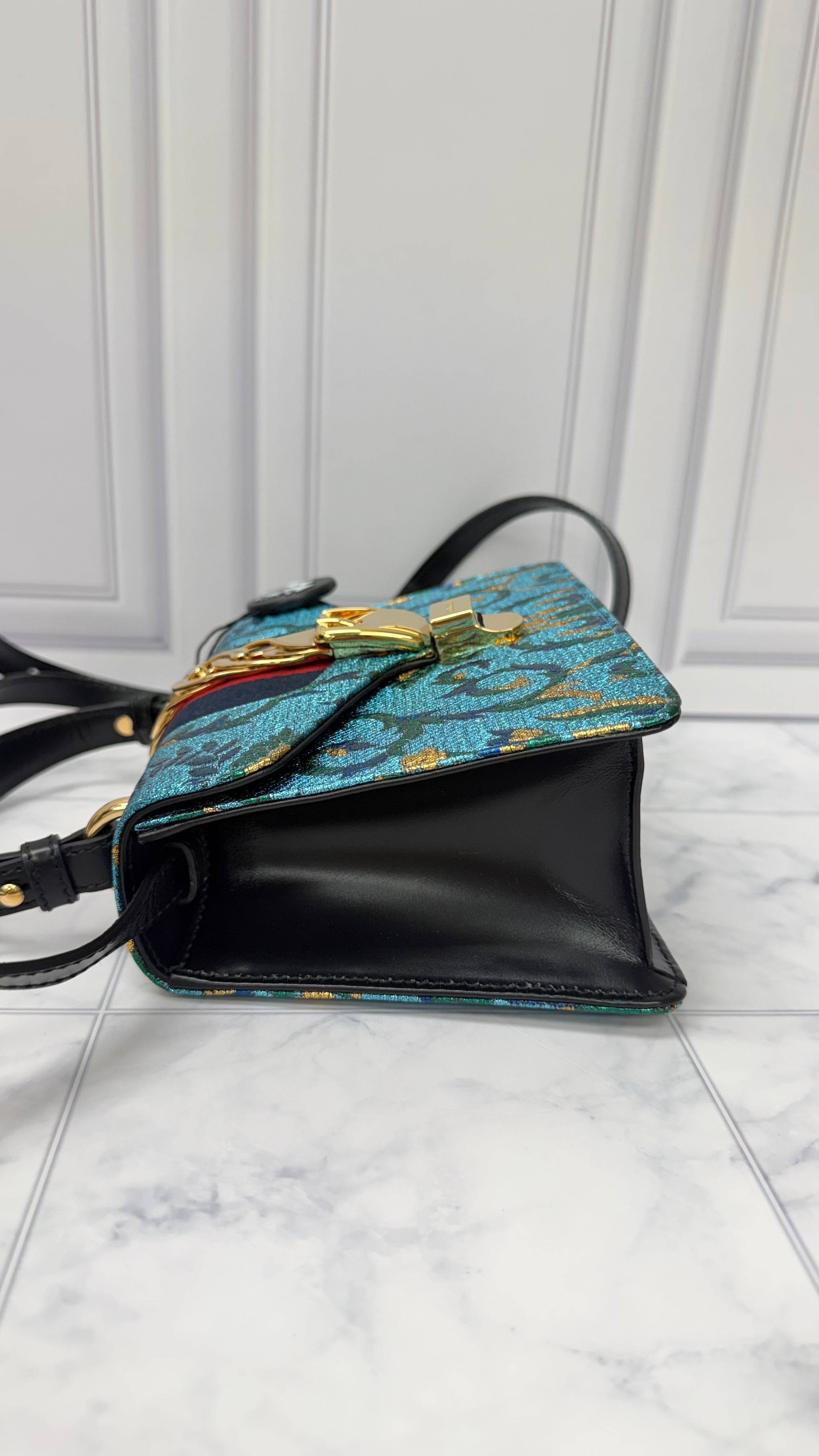 *DONS DROP* Gucci Blue Iridescent Brocade Mini Sylvie Top Handle Bag
