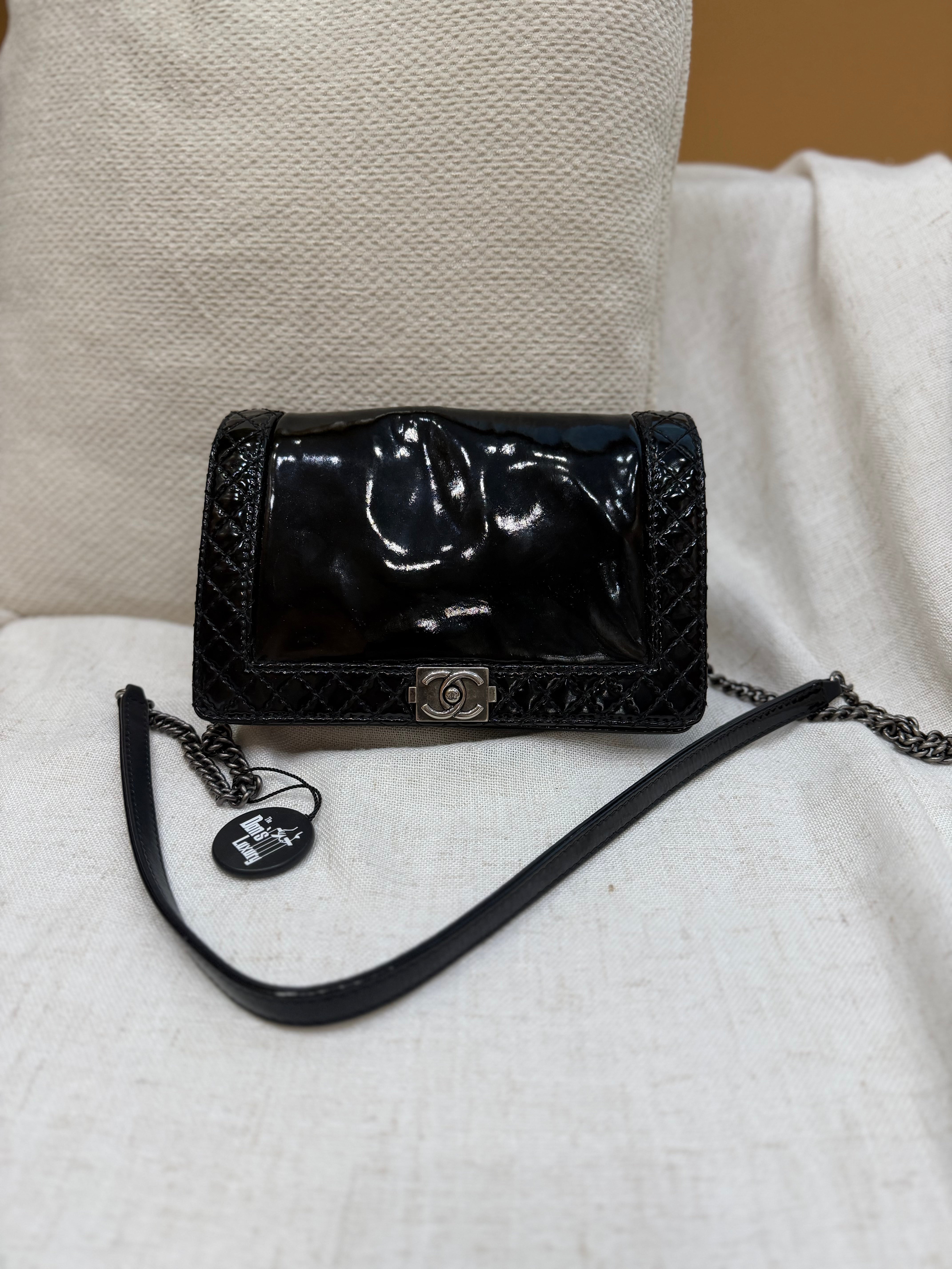 *DONS PRE-DROP* Chanel Black Patent Leather Reverso Boy Bag Wallet on a Chain