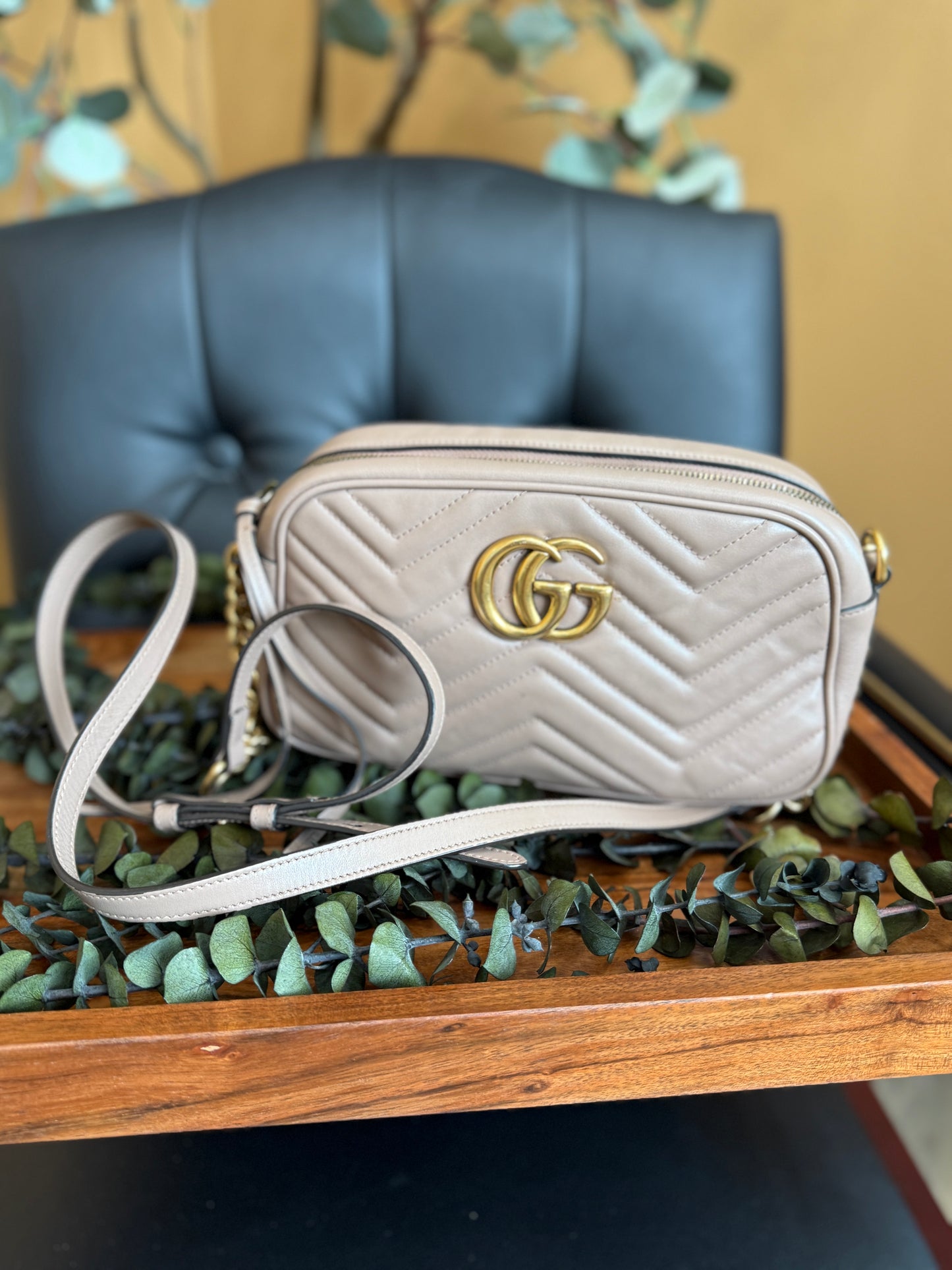 Gucci Porcelain Rose Calfskin Small Marmont Chain Shoulder Bag