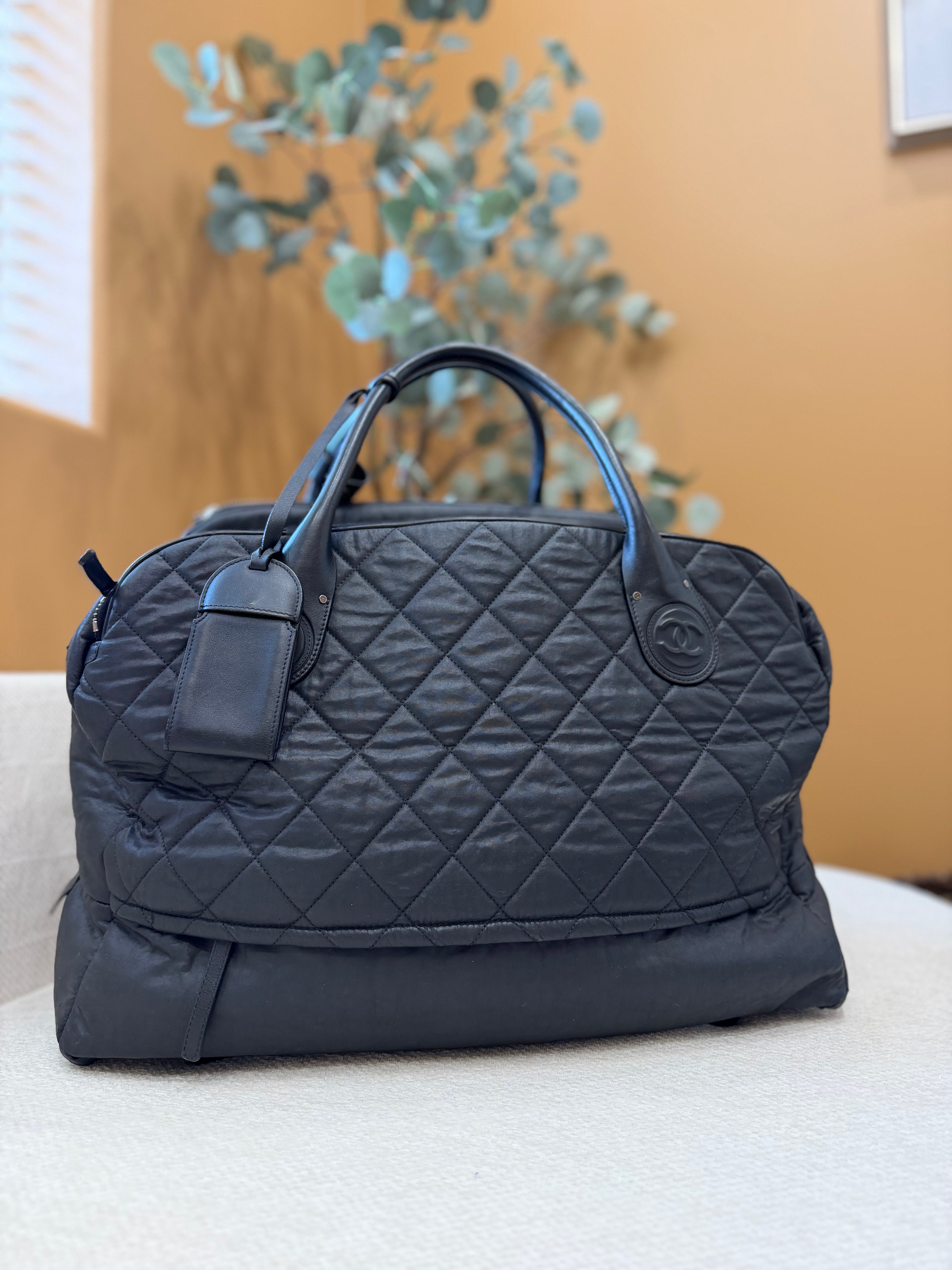 Chanel Black Quilted Nylon Large Sport Rolling Weekender Bag