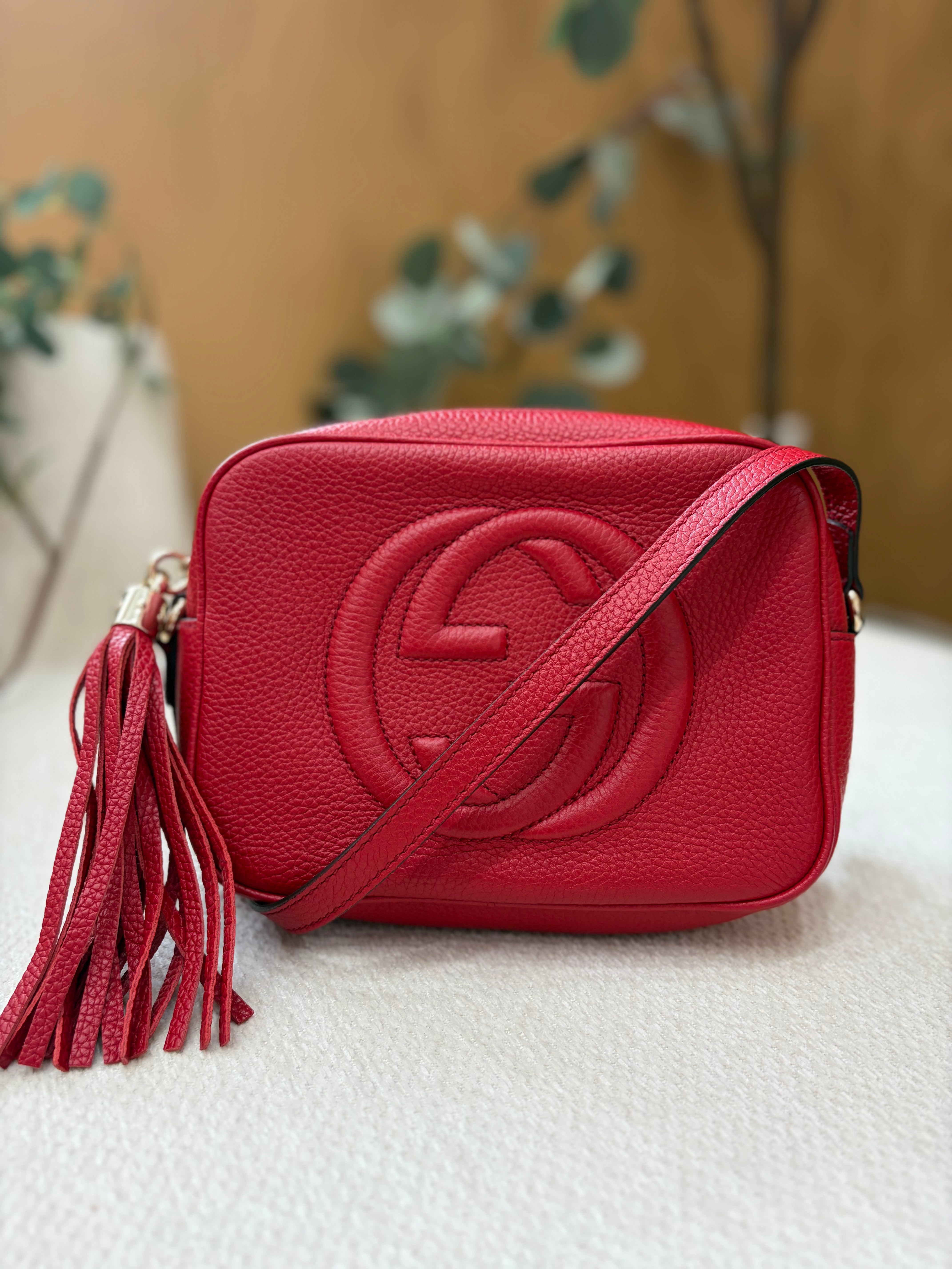 Gucci Red Pebbled Calfskin Small Soho Disco Camera Bag