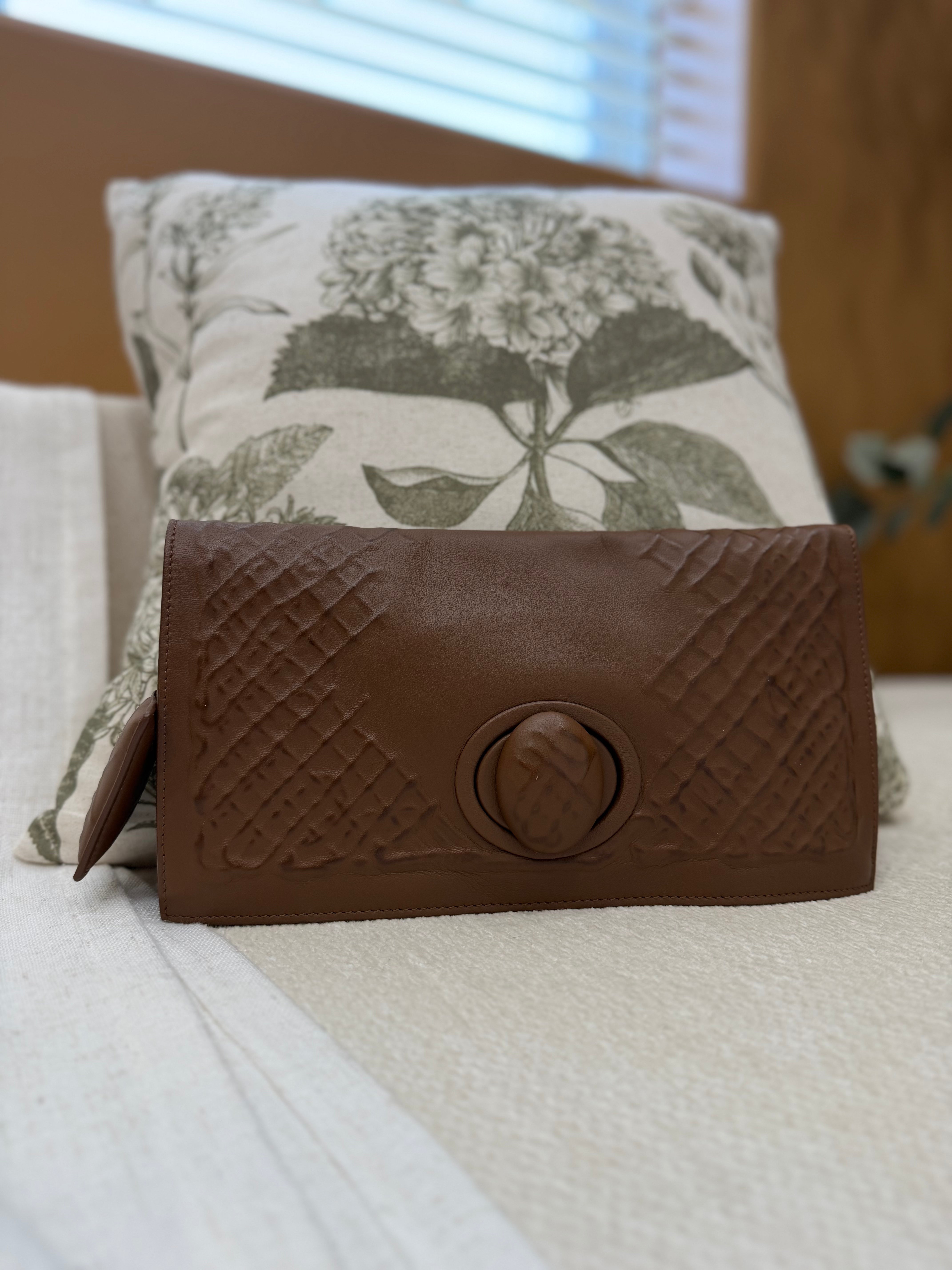Bottega Veneta Brown Nappa Embossed Leather Clutch