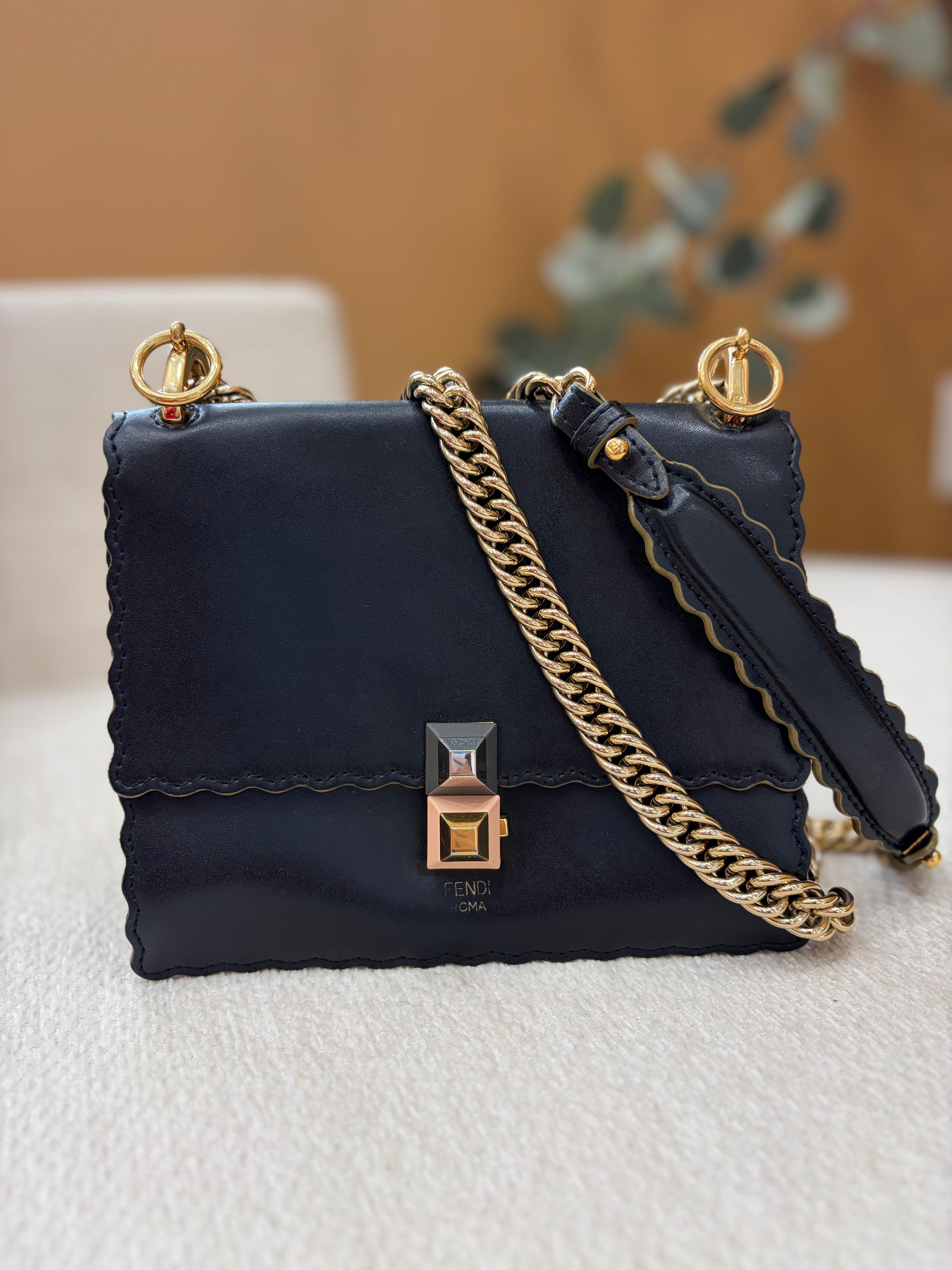 Fendi Black Leather Vitello Liberty Scalloped Crossbody