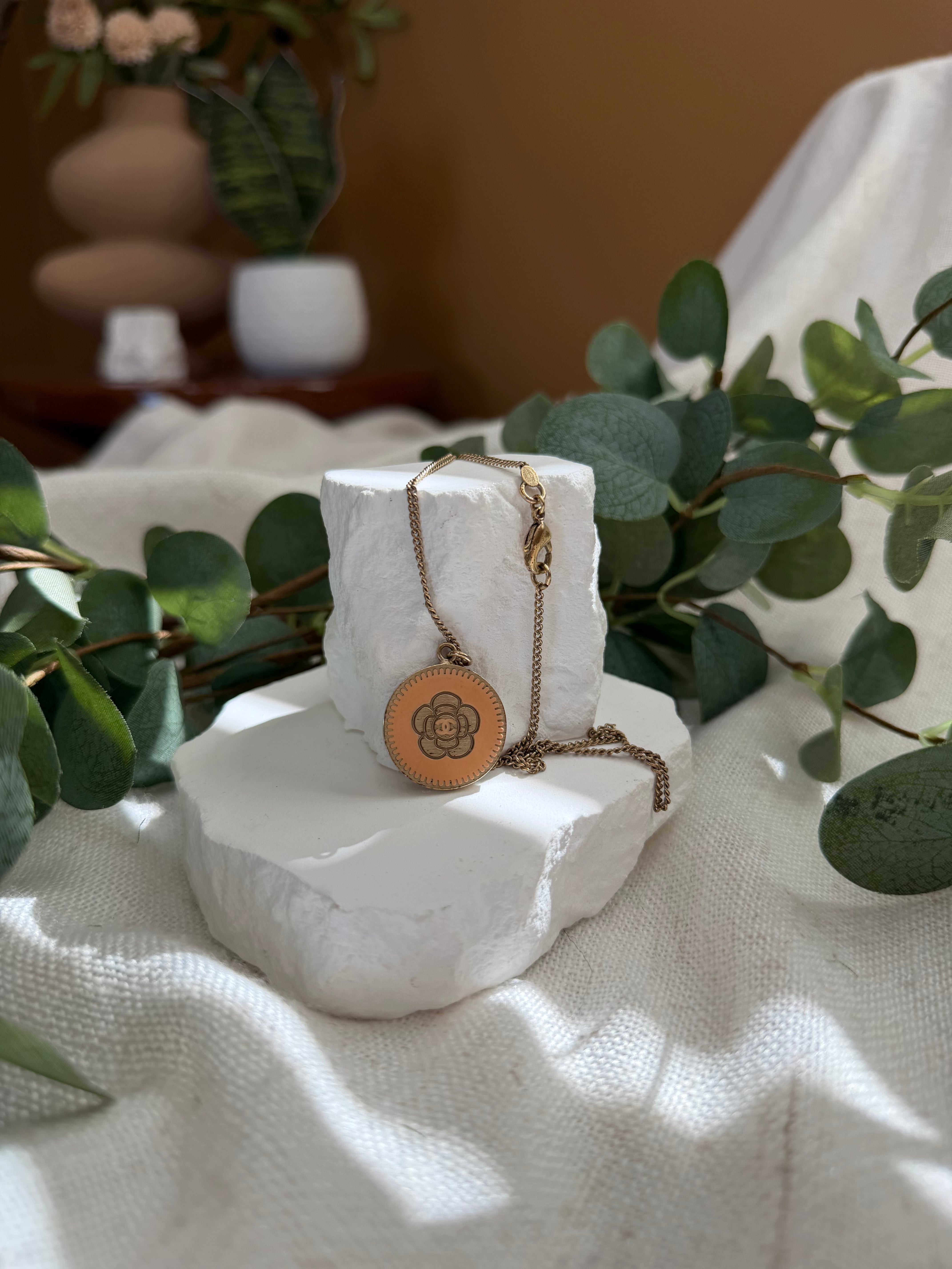 Chanel Vintage Gold Tone Camellia Resin Coin Necklace