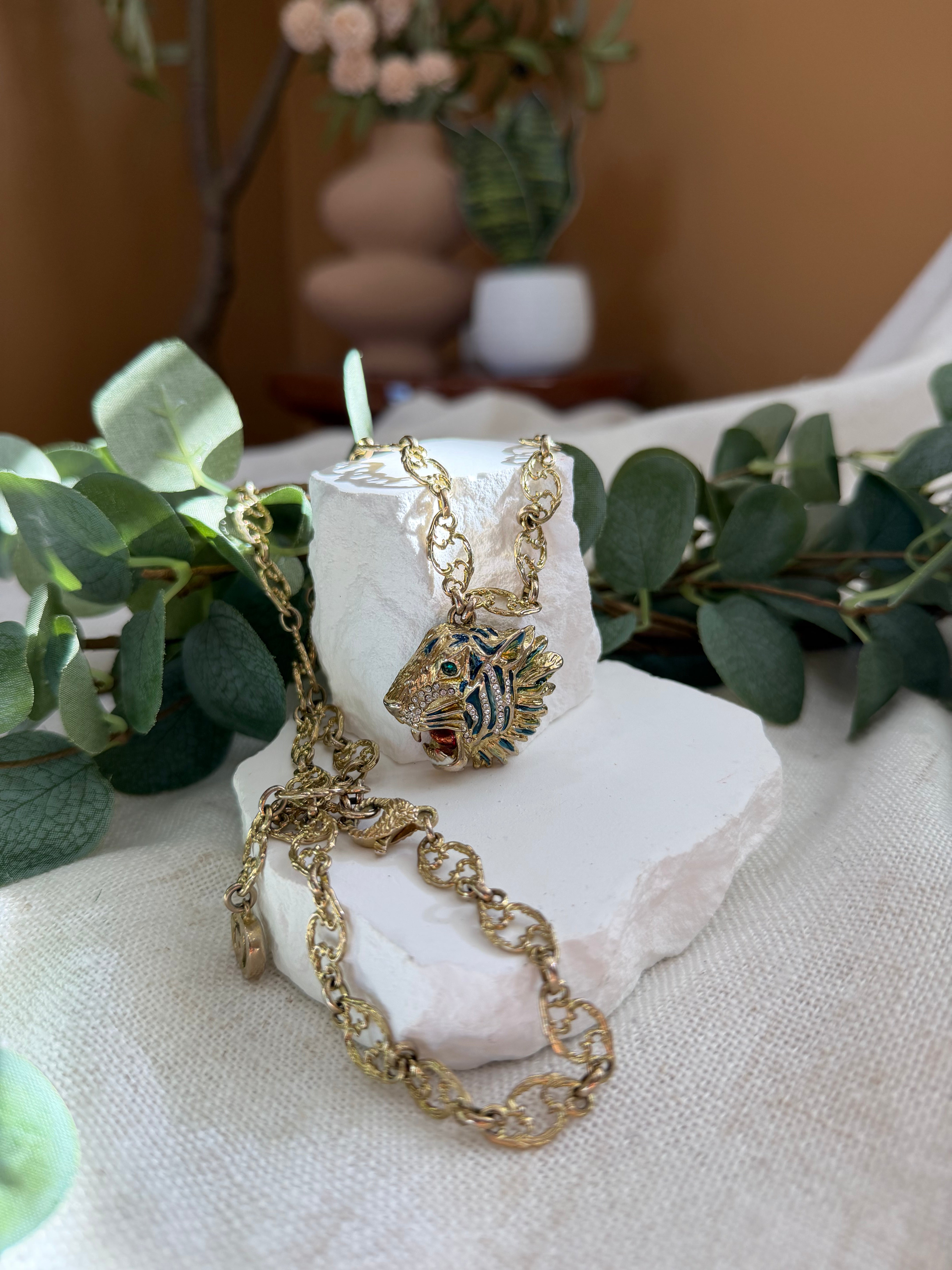 Gucci Gold Tone Roaring Tiger Necklace