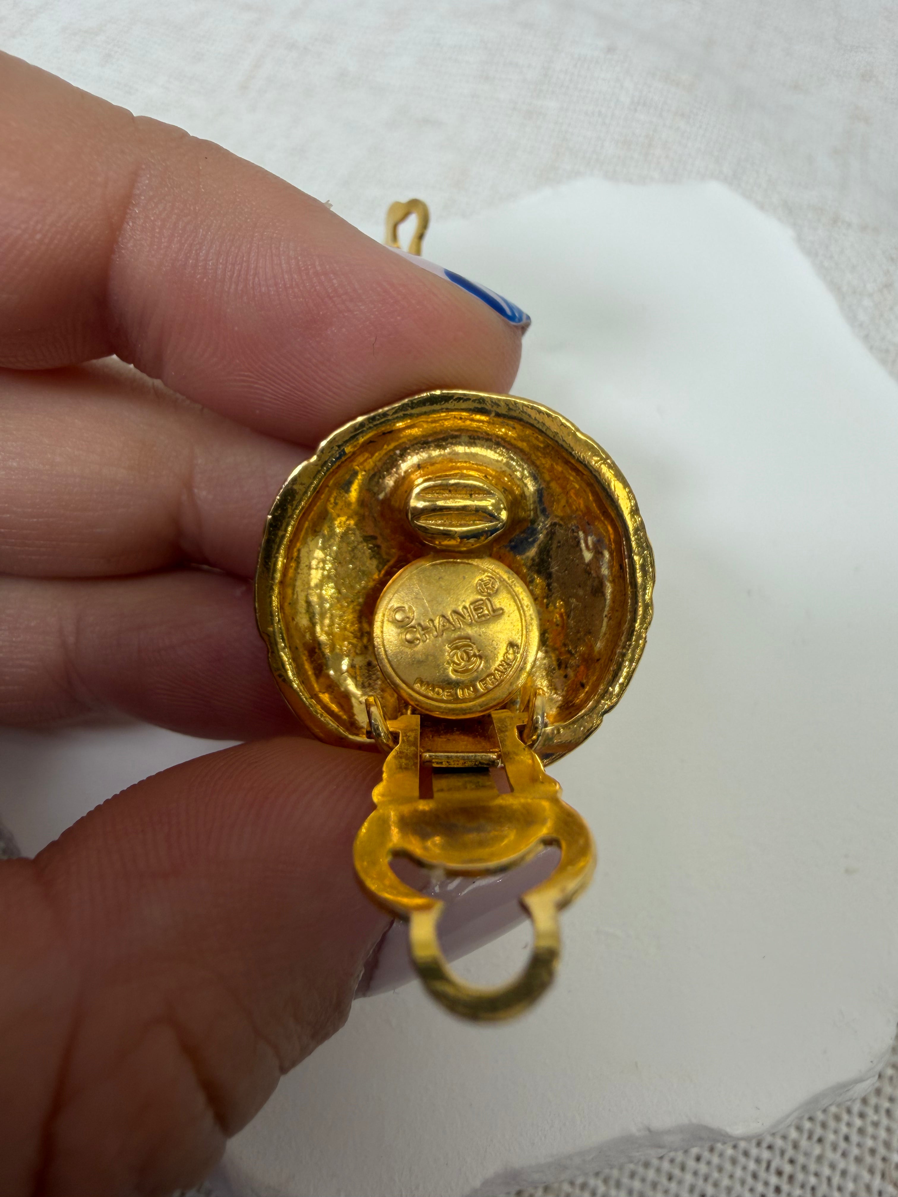 Chanel Vintage Gold Plated Rhinestone Quilted Clip-On Earrings