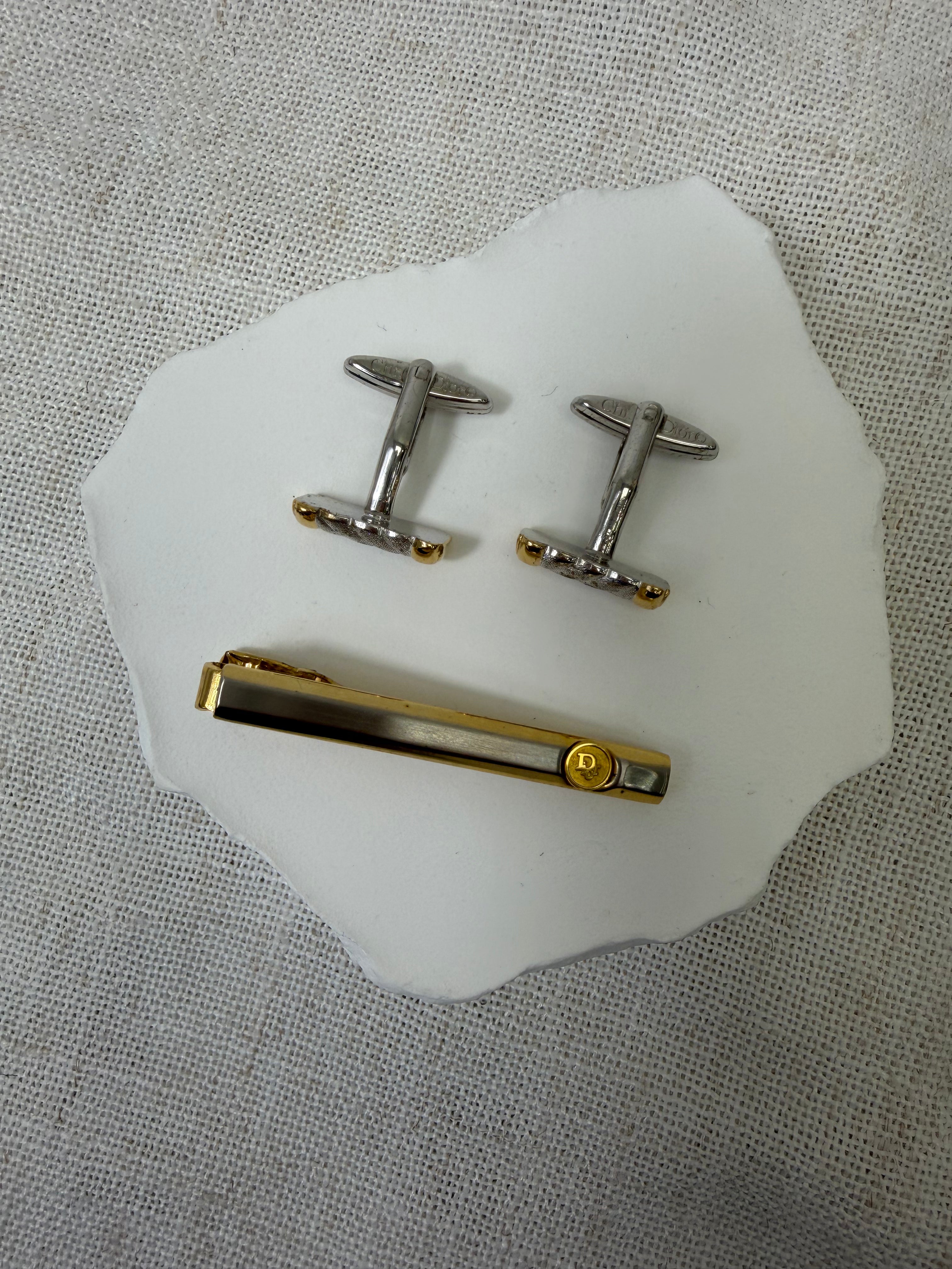 Christian Dior Two Tone Cufflinks & Tie Clip