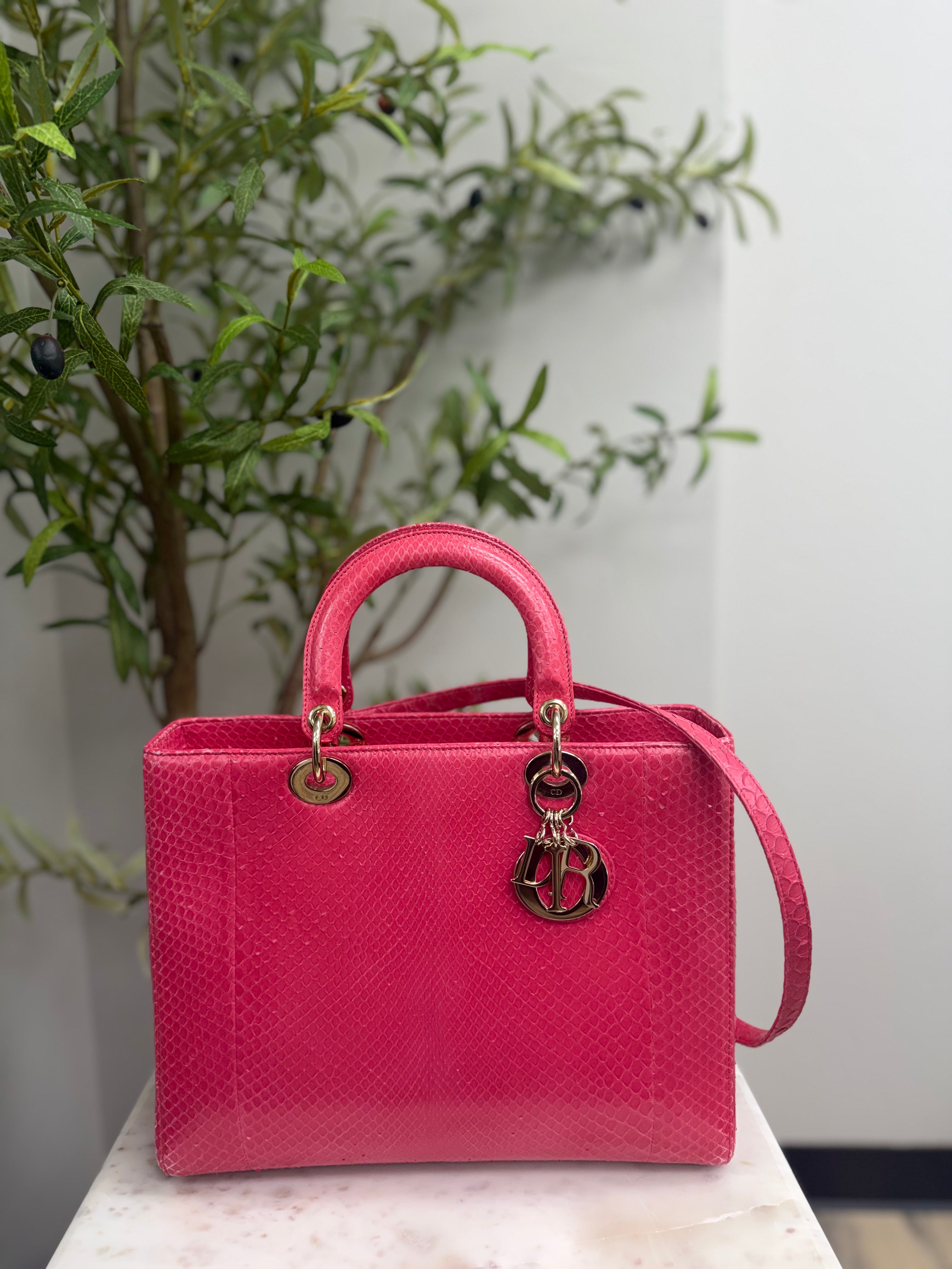 Christian Dior Hot Pink Python Leather Large Lady Dior Handbag