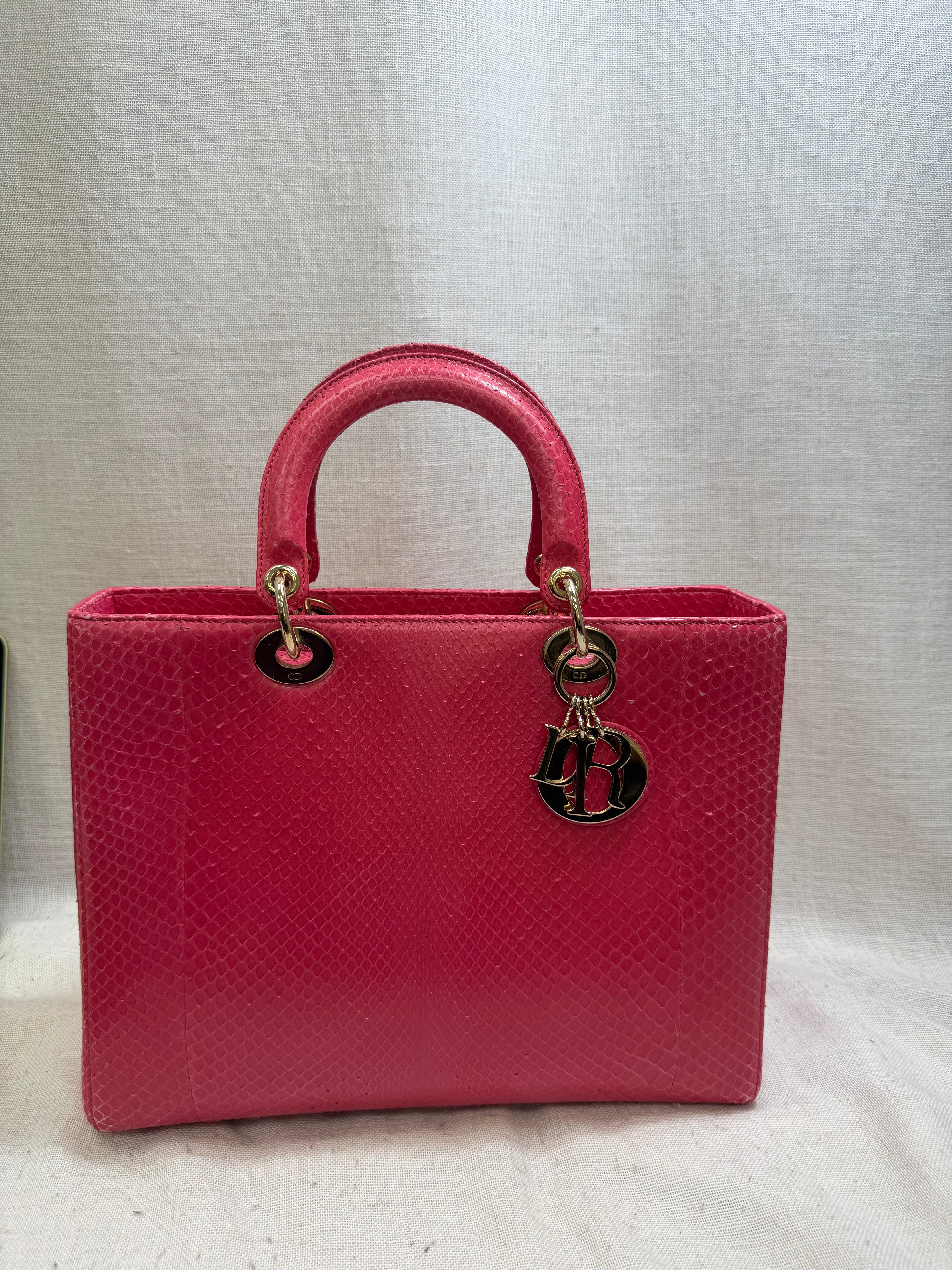 Christian Dior Hot Pink Python Leather Large Lady Dior Handbag