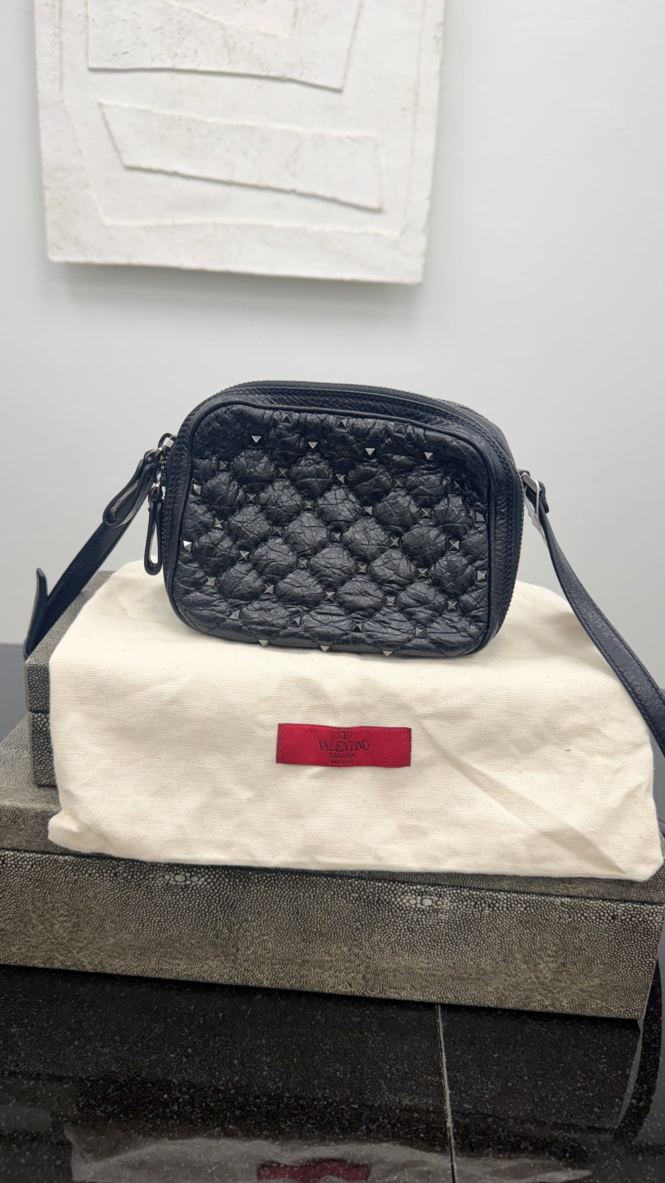 Valentino Black Crackled Leather Rockstud Double Zip Camera bag