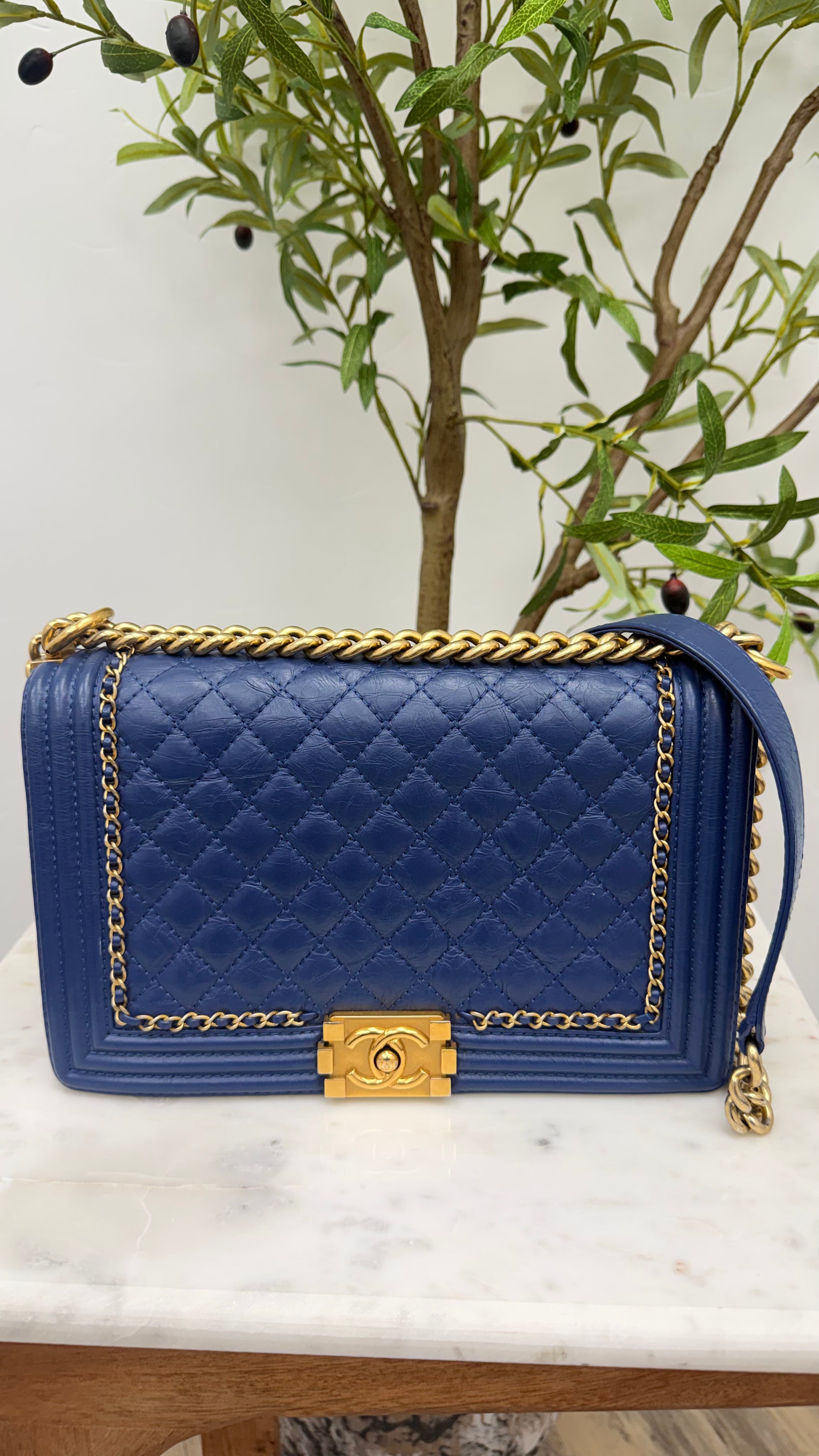 Chanel Blue Aged Calfskin Leather Jacket Boy Medium Flap Bag