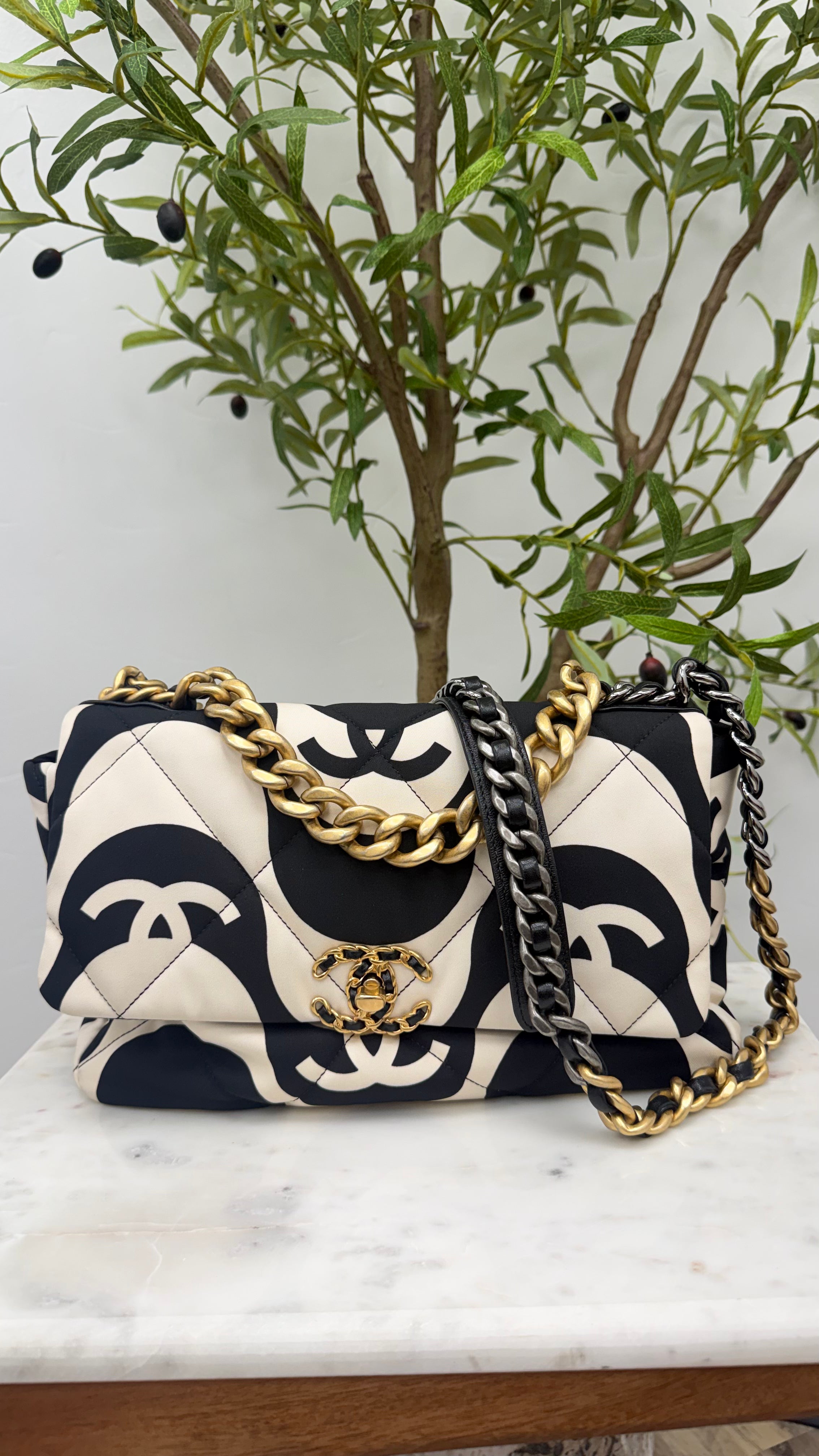 Chanel Black And White Quilted Printed Silk Chanel 19 Large Flap Bag