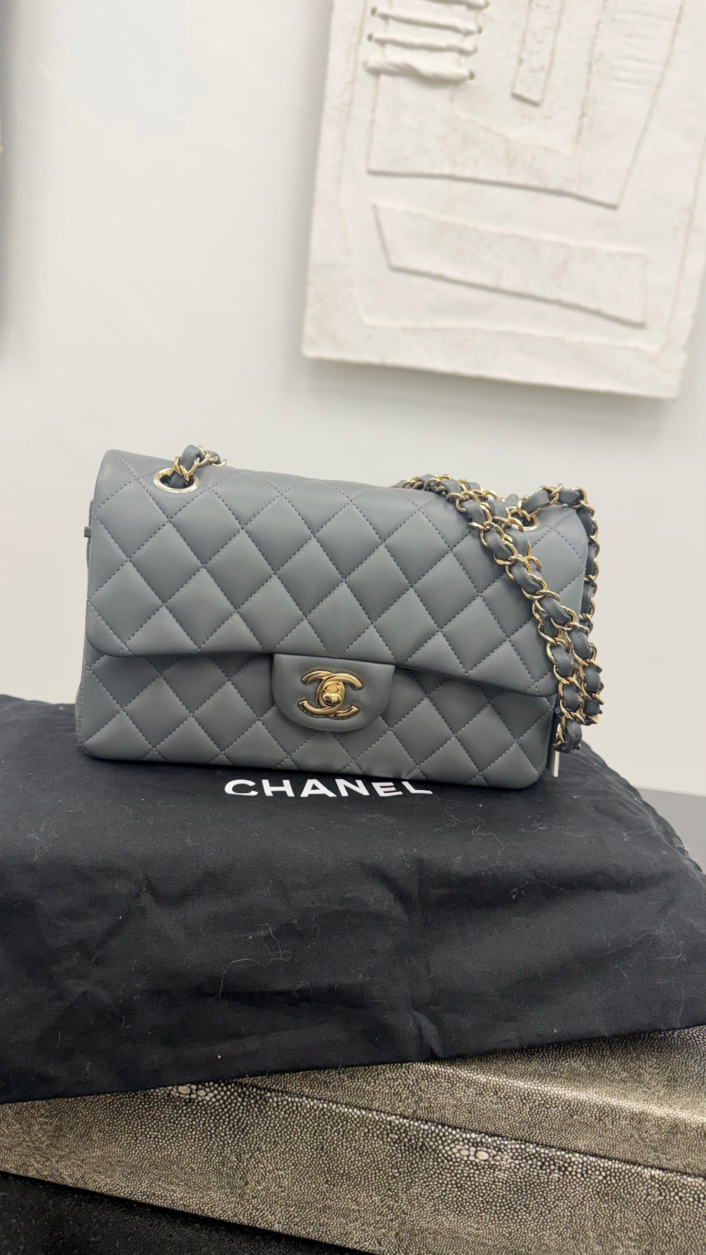 Chanel Grey Quilted Lambskin Classic Small Double Flap Bag
