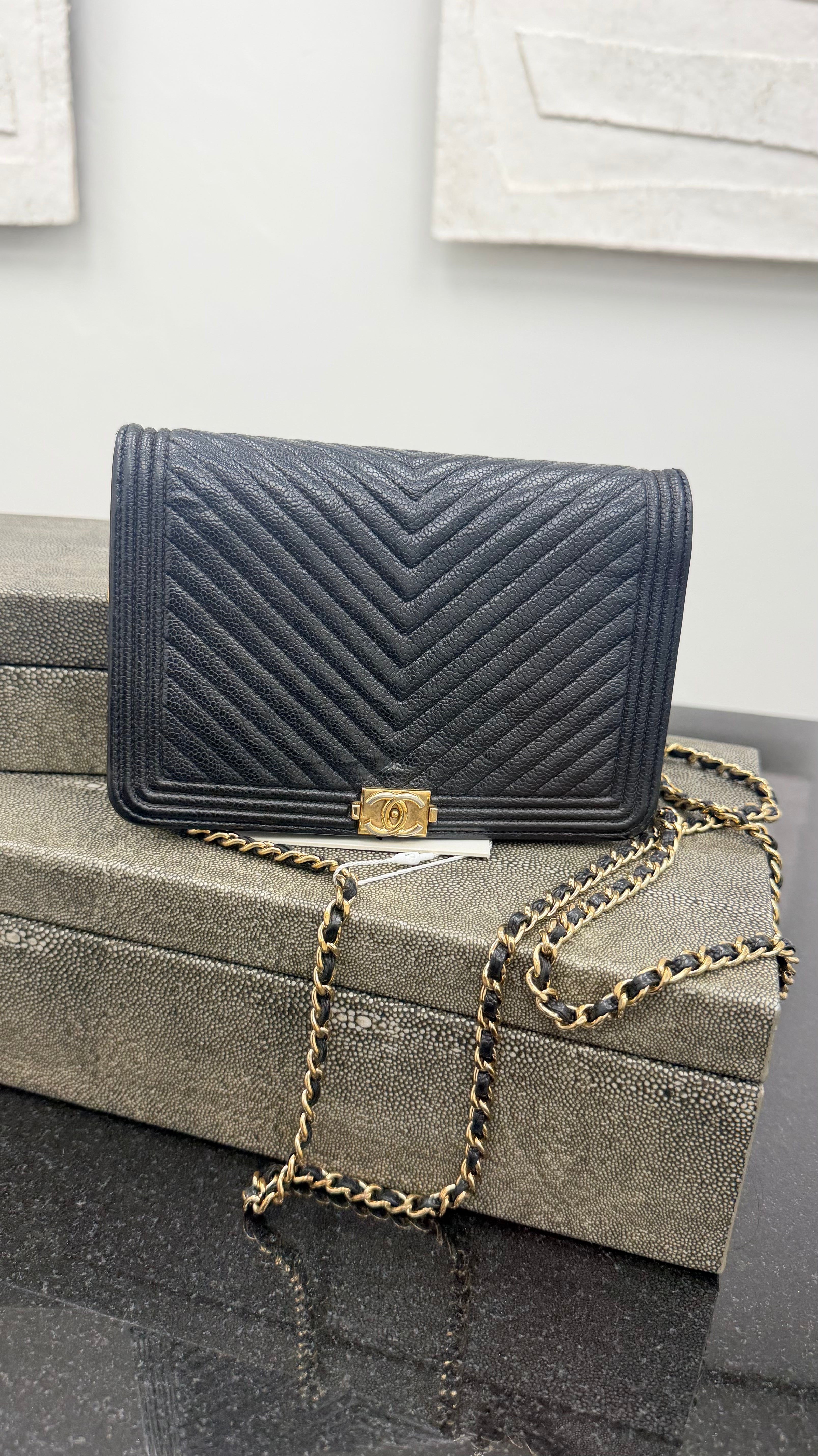 Chanel Black Chevron Caviar Leather Boy Wallet On A Chain