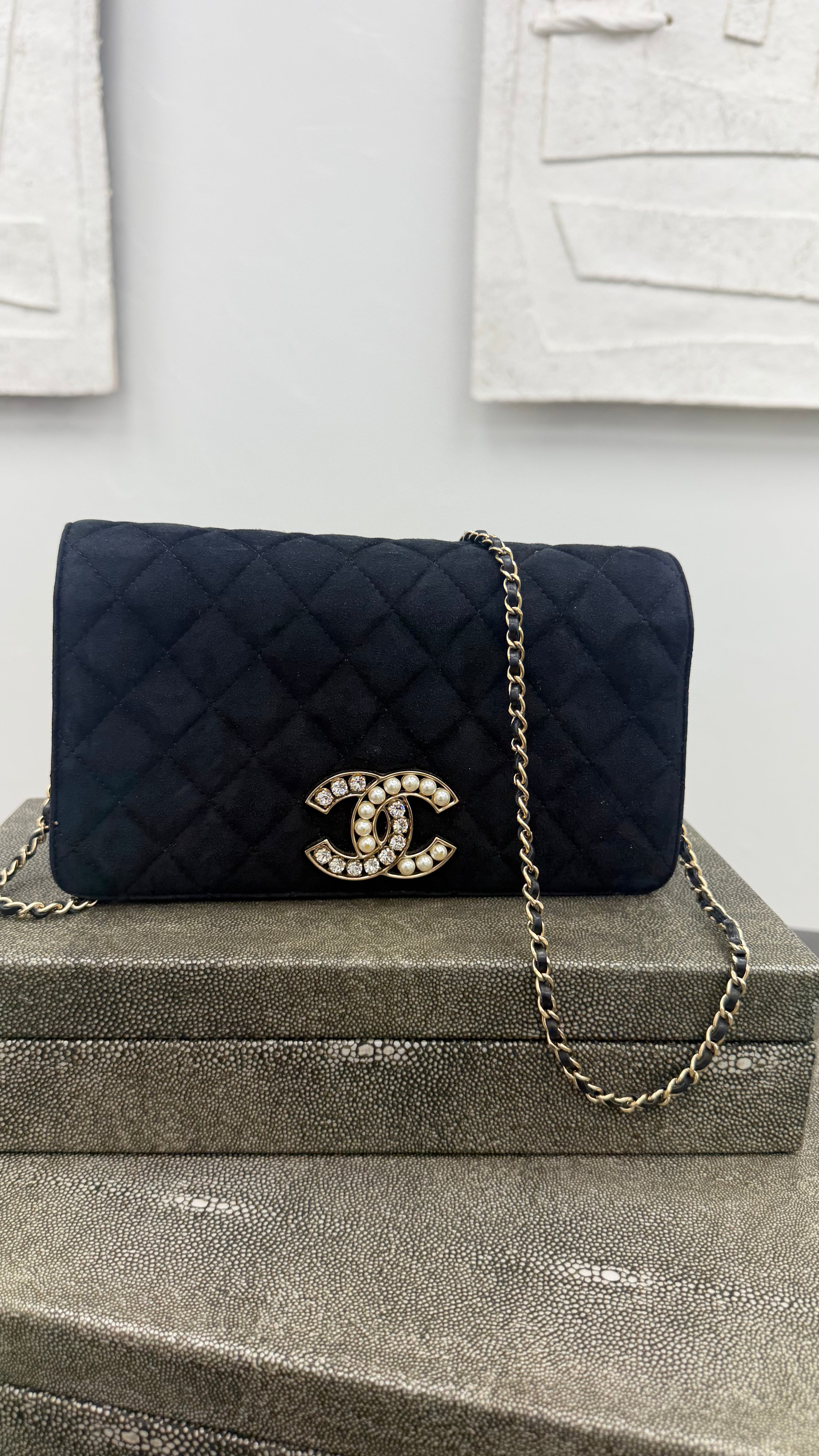 Chanel Black Quilted Suede Leather CC Chain Full Flap Bag