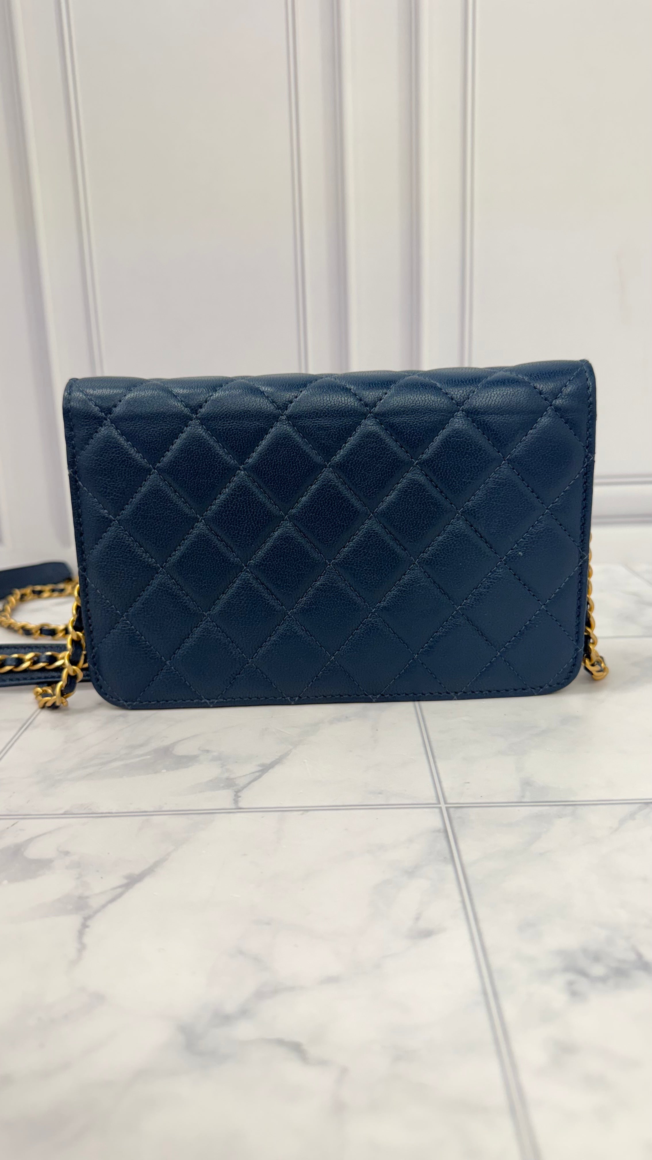 Chanel Blue Quilted Lambskin Leather Chain Infinity Wallet On A Chain