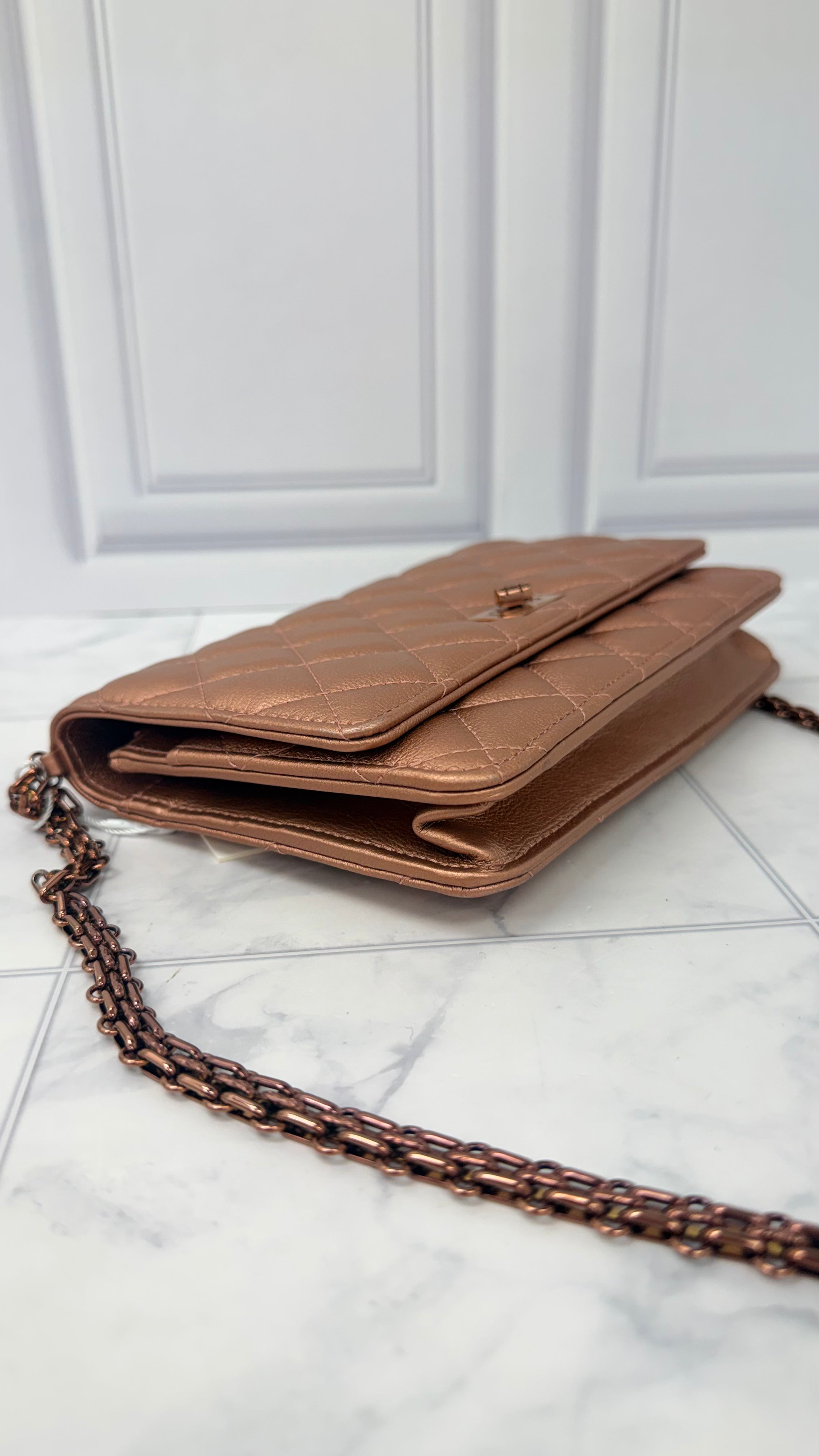 Chanel Rose Gold Metallic Quilted Calfskin Leather Reissue 2.55 Wallet On A Chain