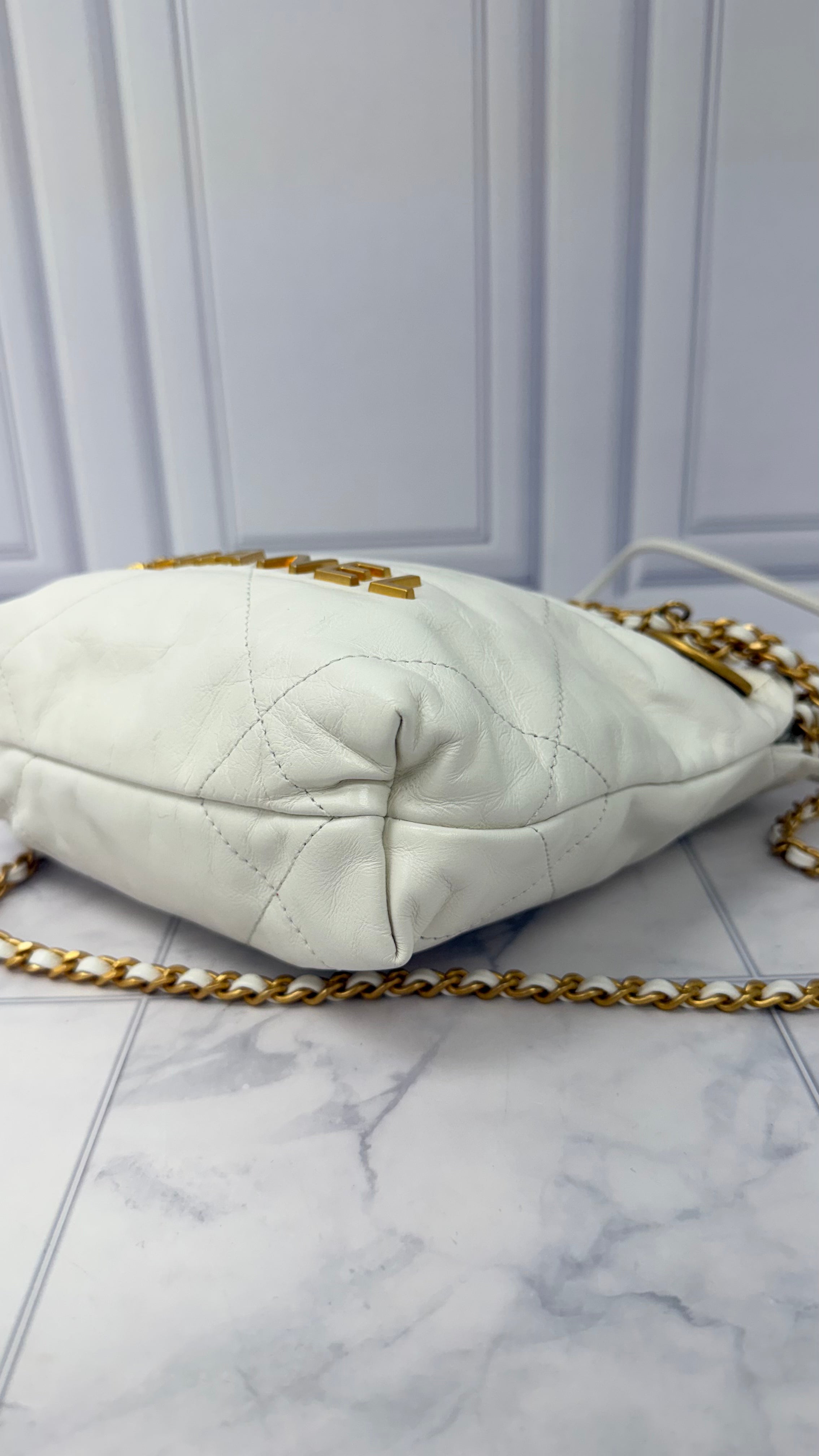 Chanel White Quilted Calfskin Leather Mini Chanel 22 Chain Hobo Bag