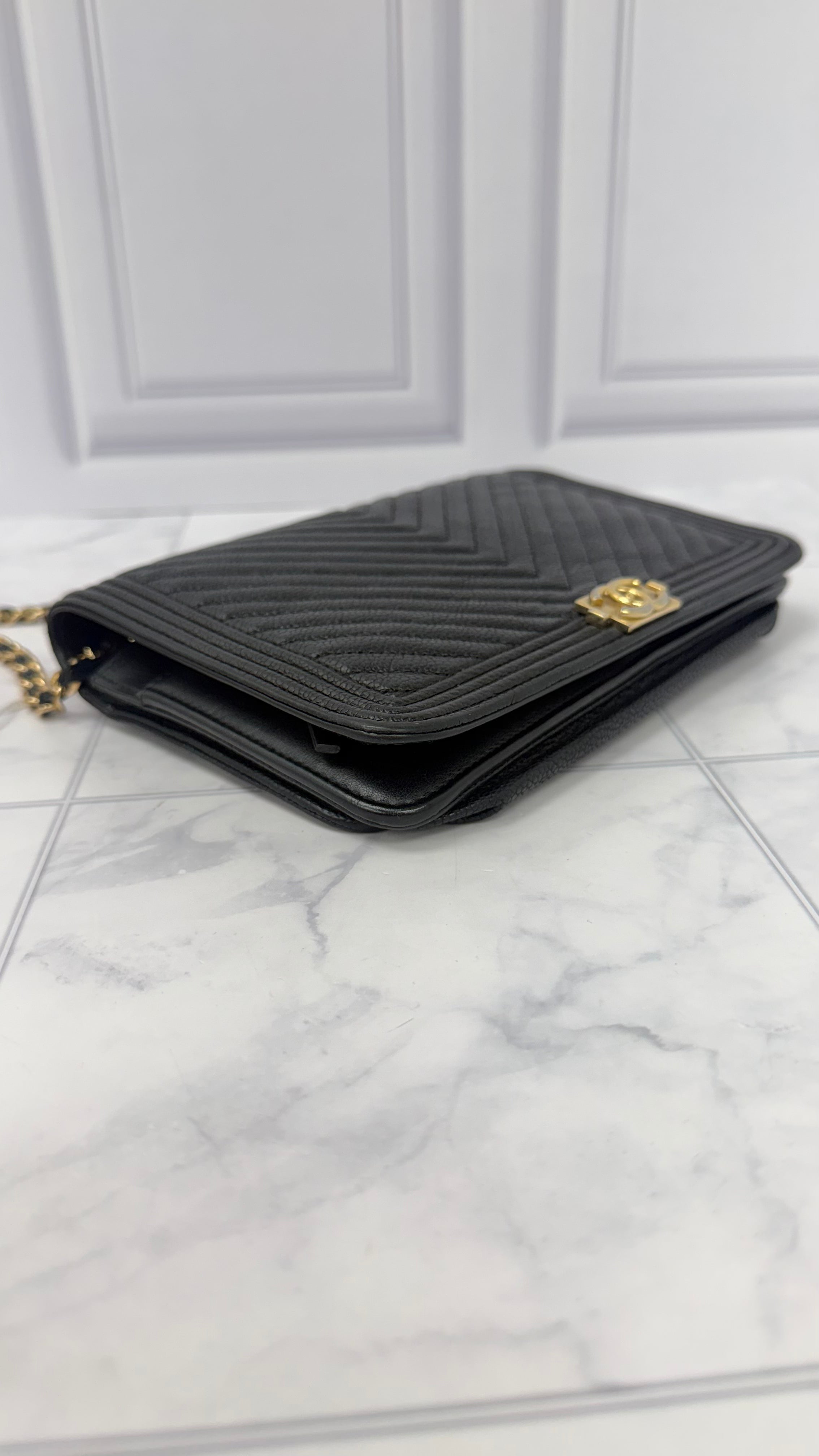 Chanel Black Chevron Caviar Leather Boy Wallet On A Chain