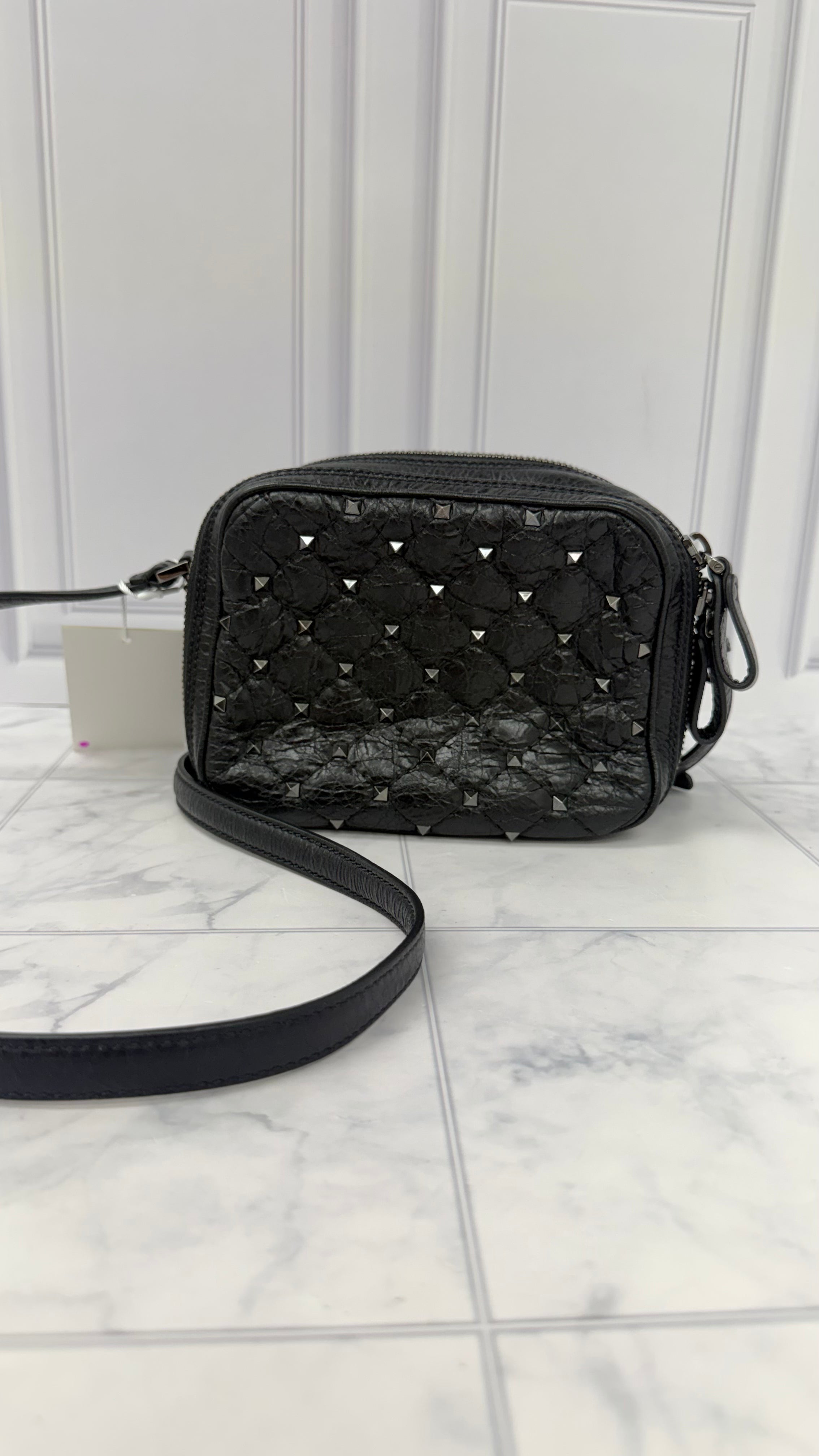 Valentino Black Crackled Leather Rockstud Double Zip Camera bag