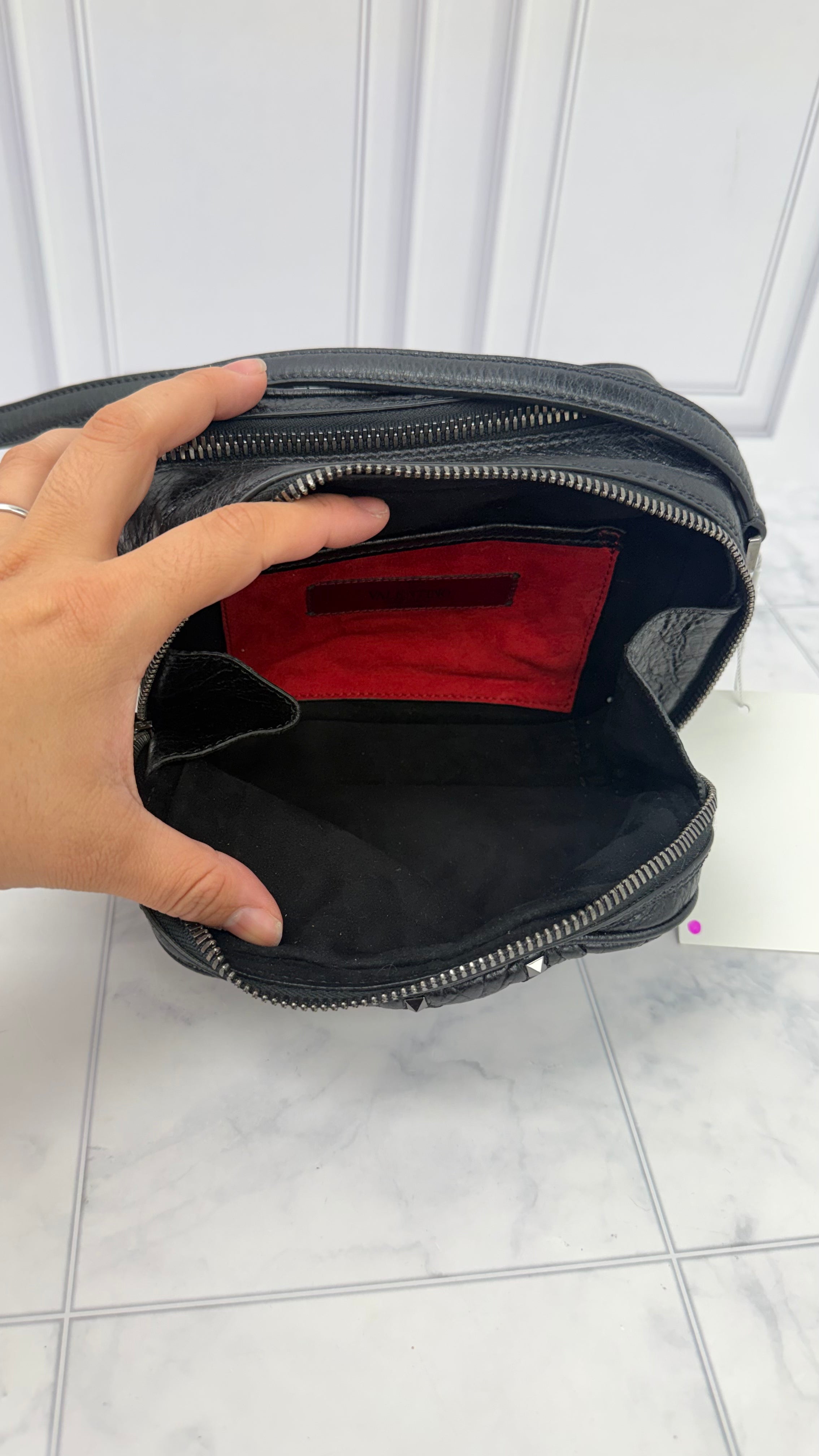 Valentino Black Crackled Leather Rockstud Double Zip Camera bag