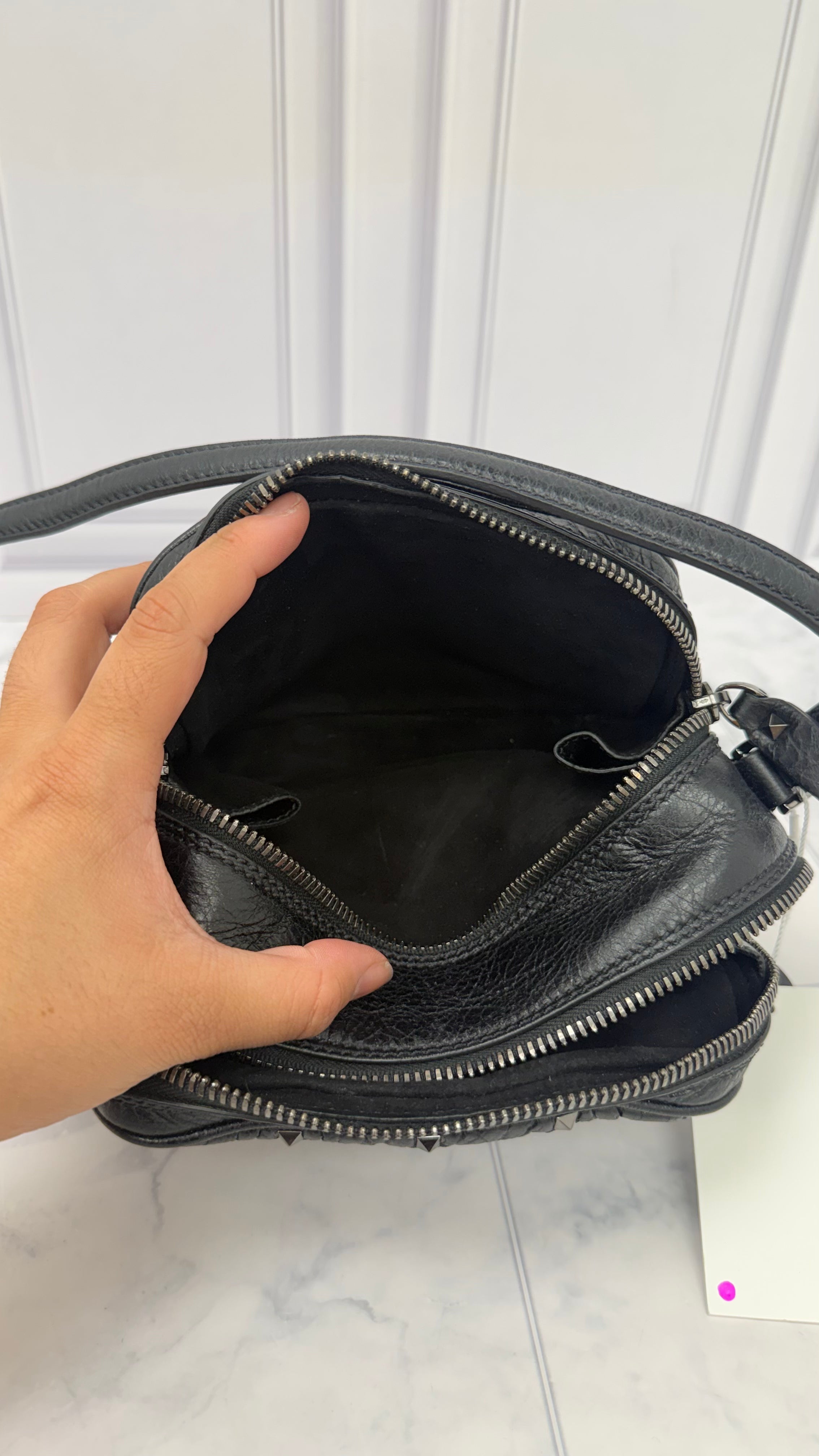 Valentino Black Crackled Leather Rockstud Double Zip Camera bag