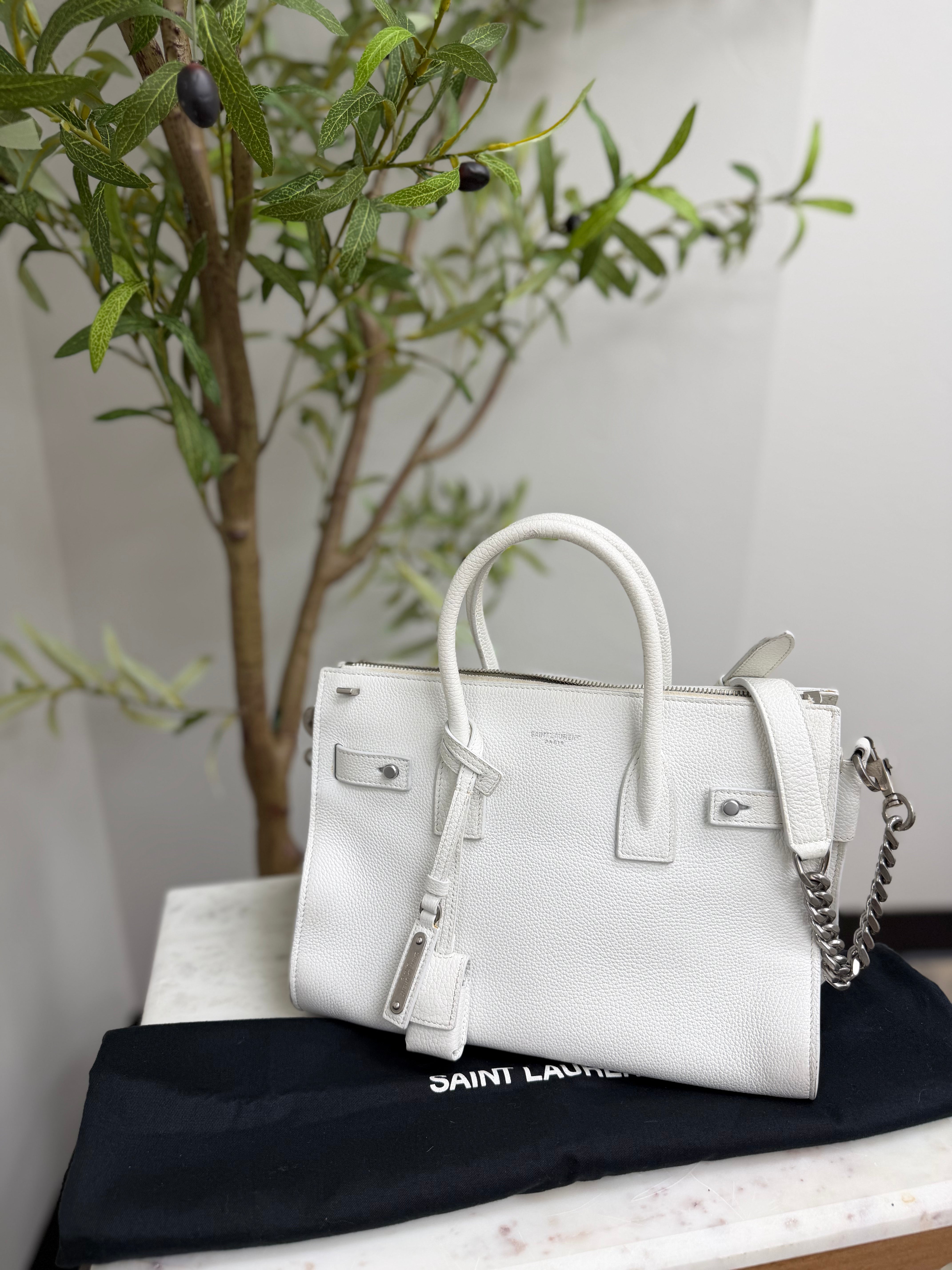 Saint Laurent YSL White Leather Sac De Jour Handbag