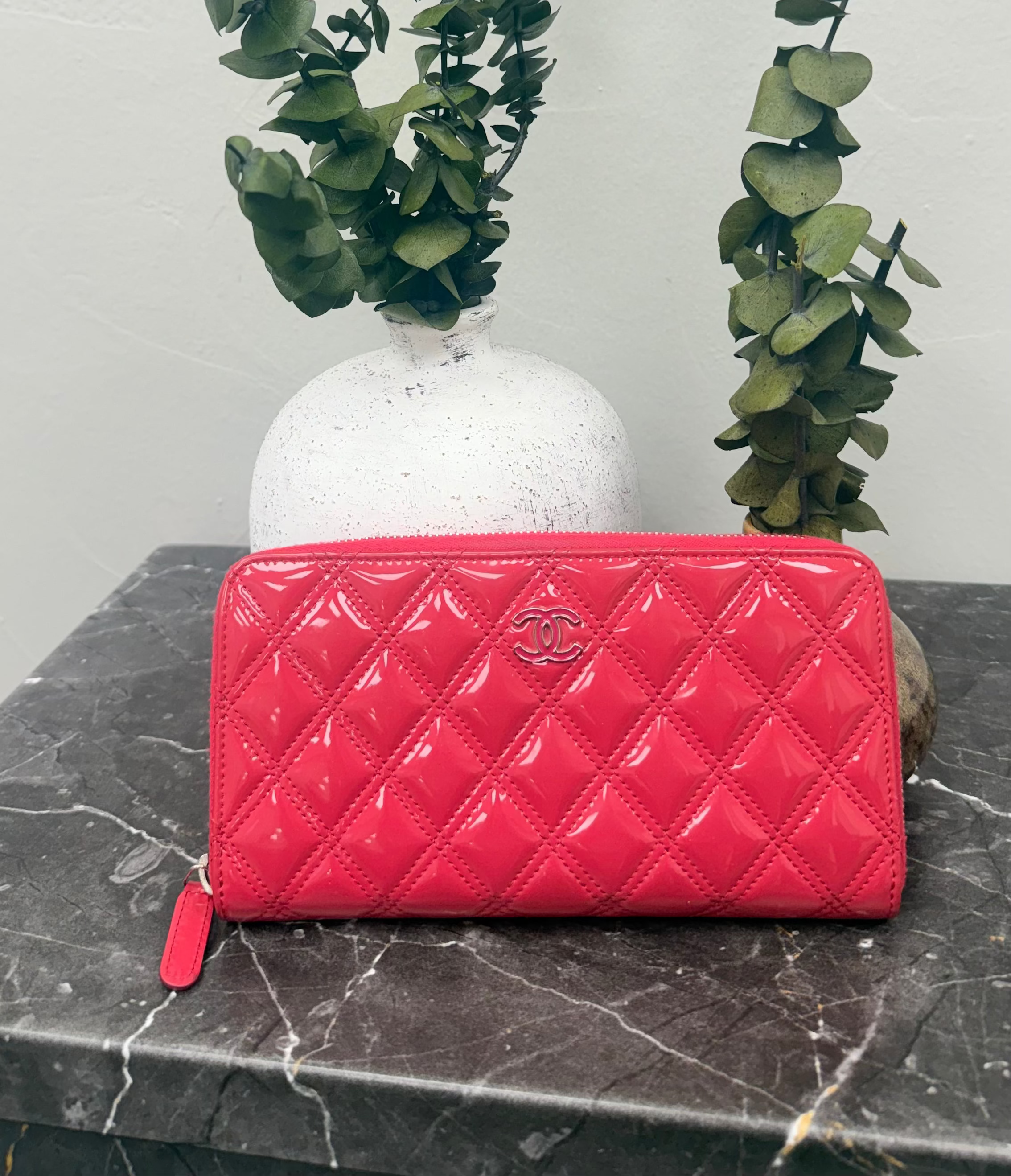 Chanel Hot Pink Patent Leather Zippy Wallet