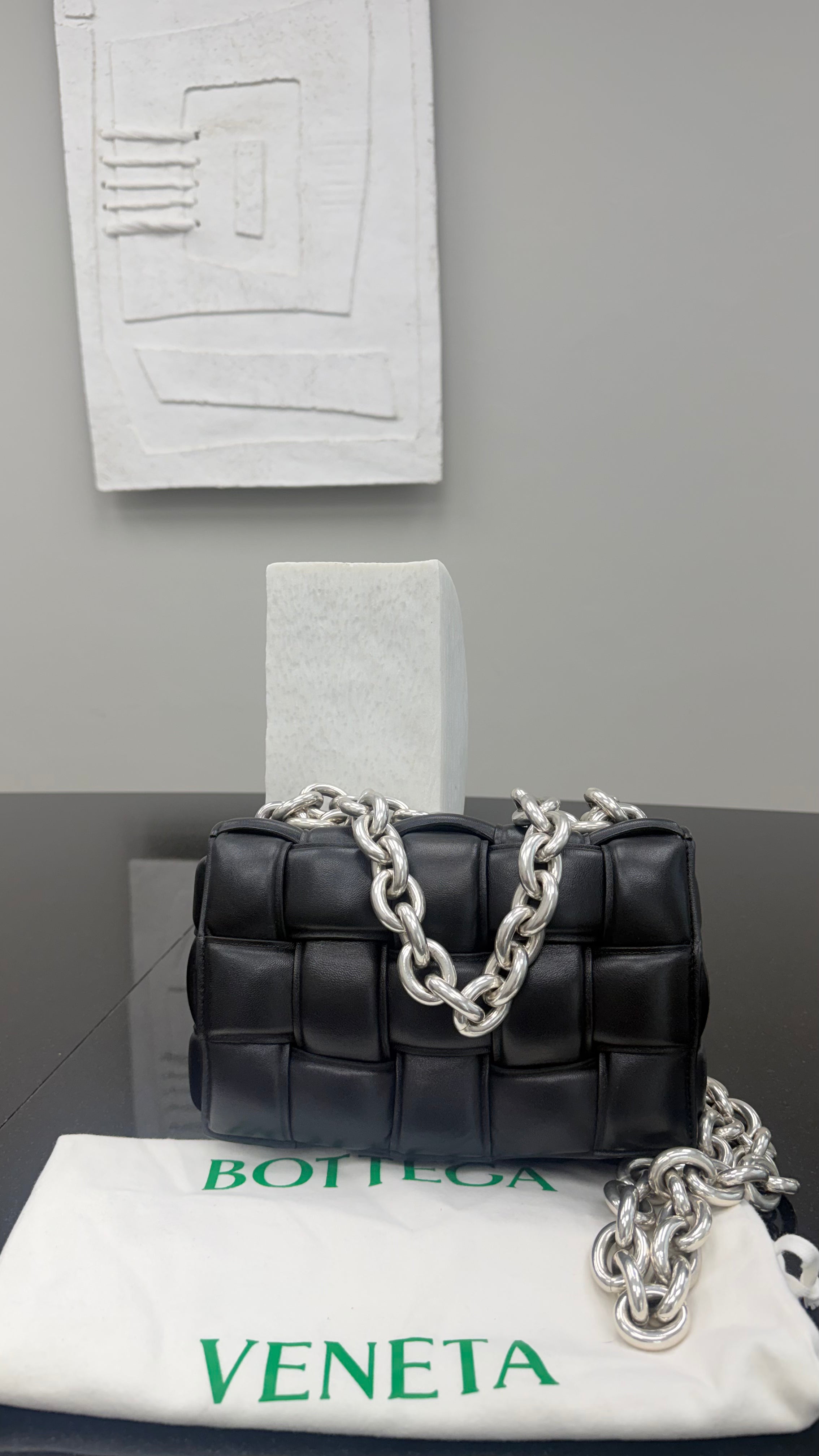 LIKE NEW - Bottega Veneta Black Lambskin Leather Cassette Chain Crossbody Bag