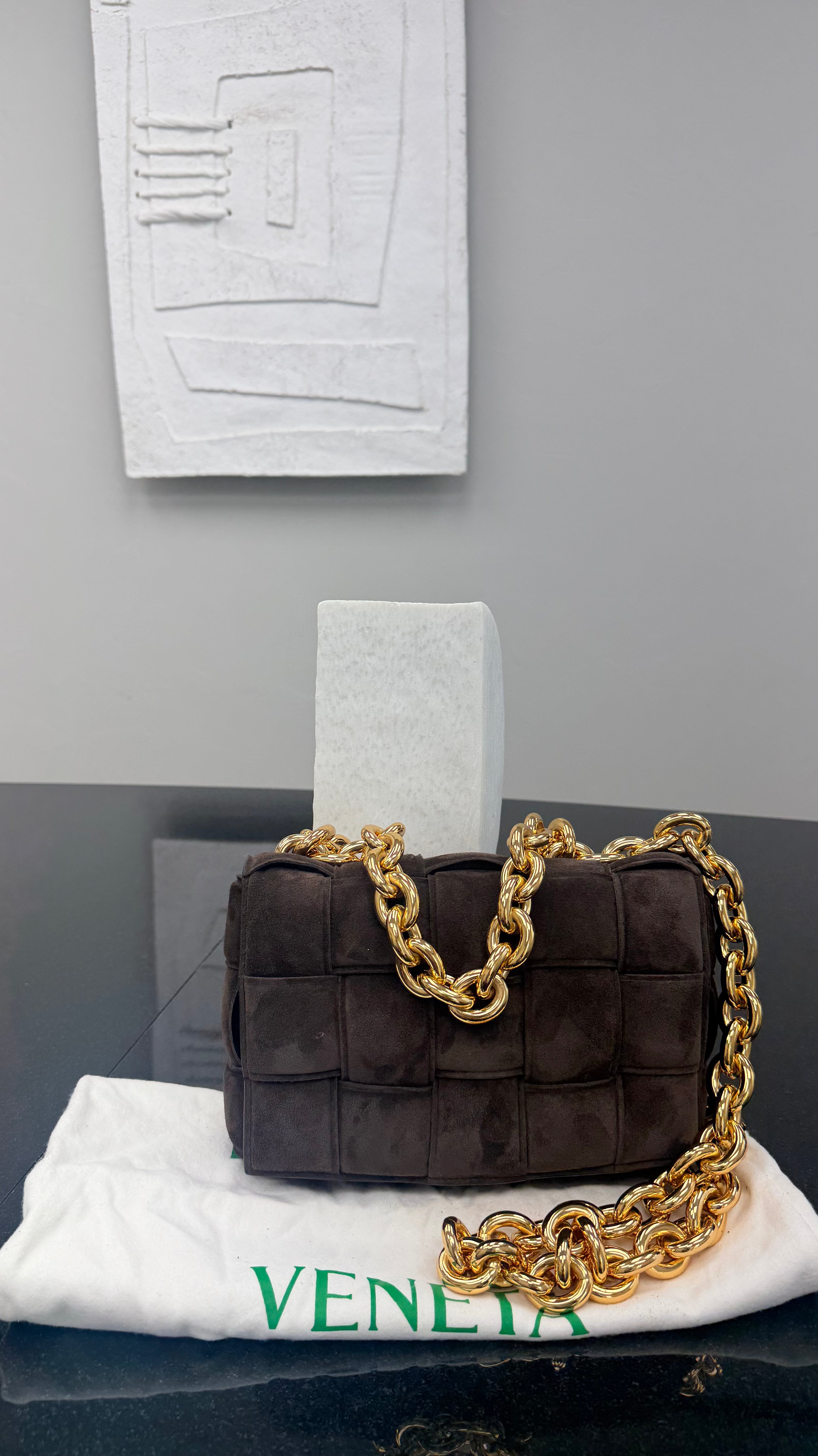 LIKE NEW - Bottega Veneta Brown Suede Leather Cassette Chain Crossbody Bag