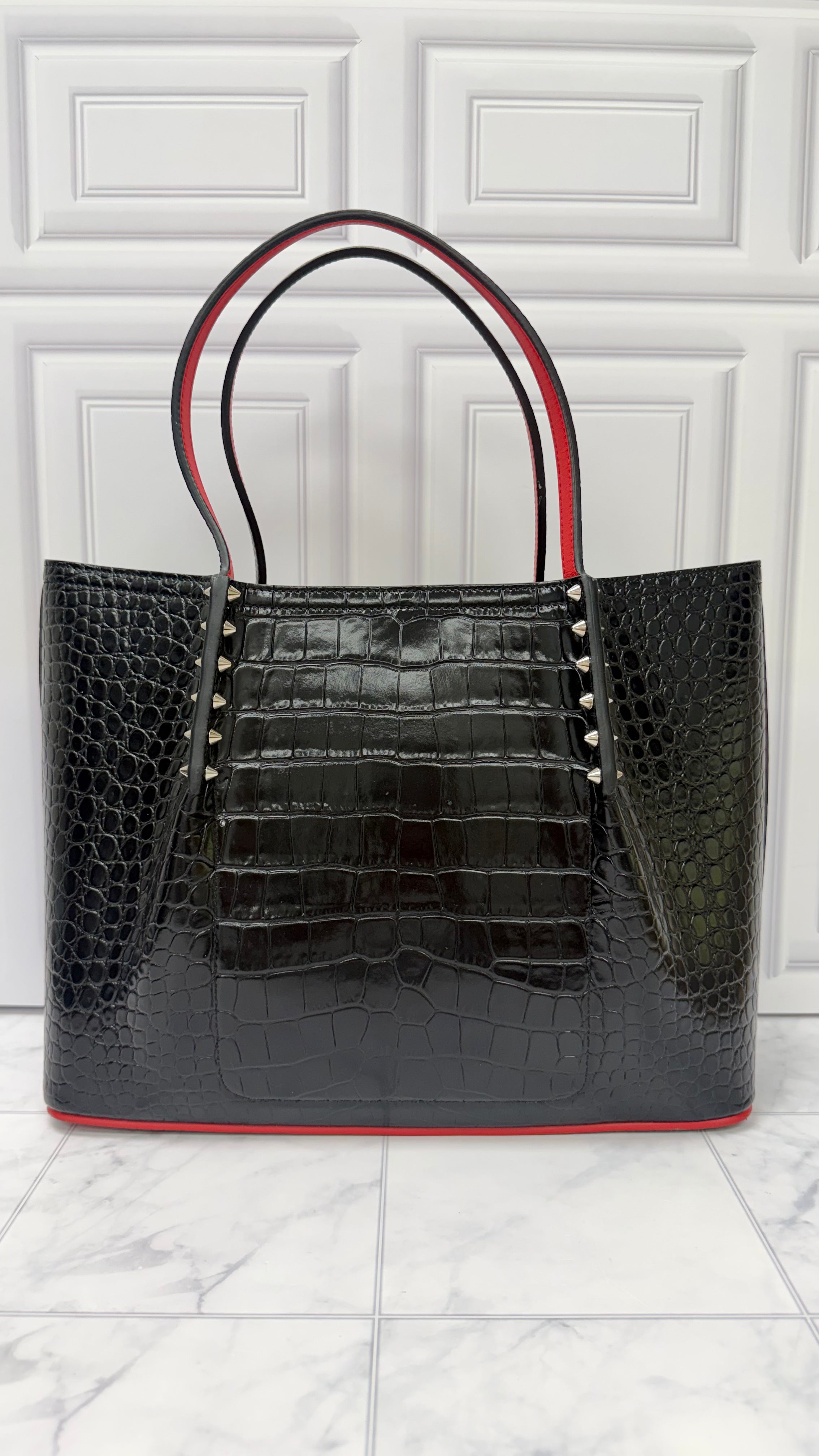 LIKE NEW - Christian Louboutin Black Croc Embossed Leather Studded Tote Bag