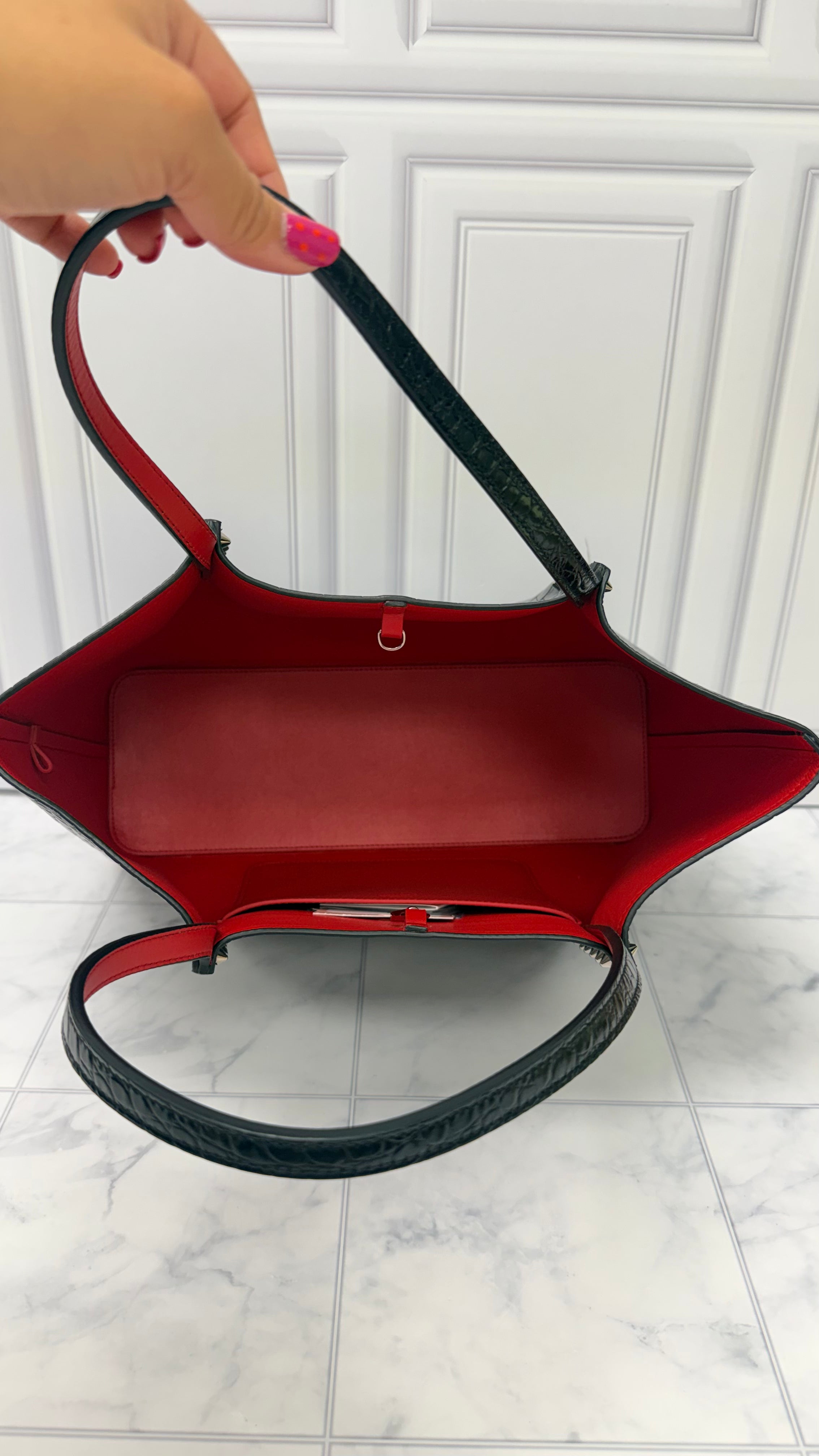 LIKE NEW - Christian Louboutin Black Croc Embossed Leather Studded Tote Bag