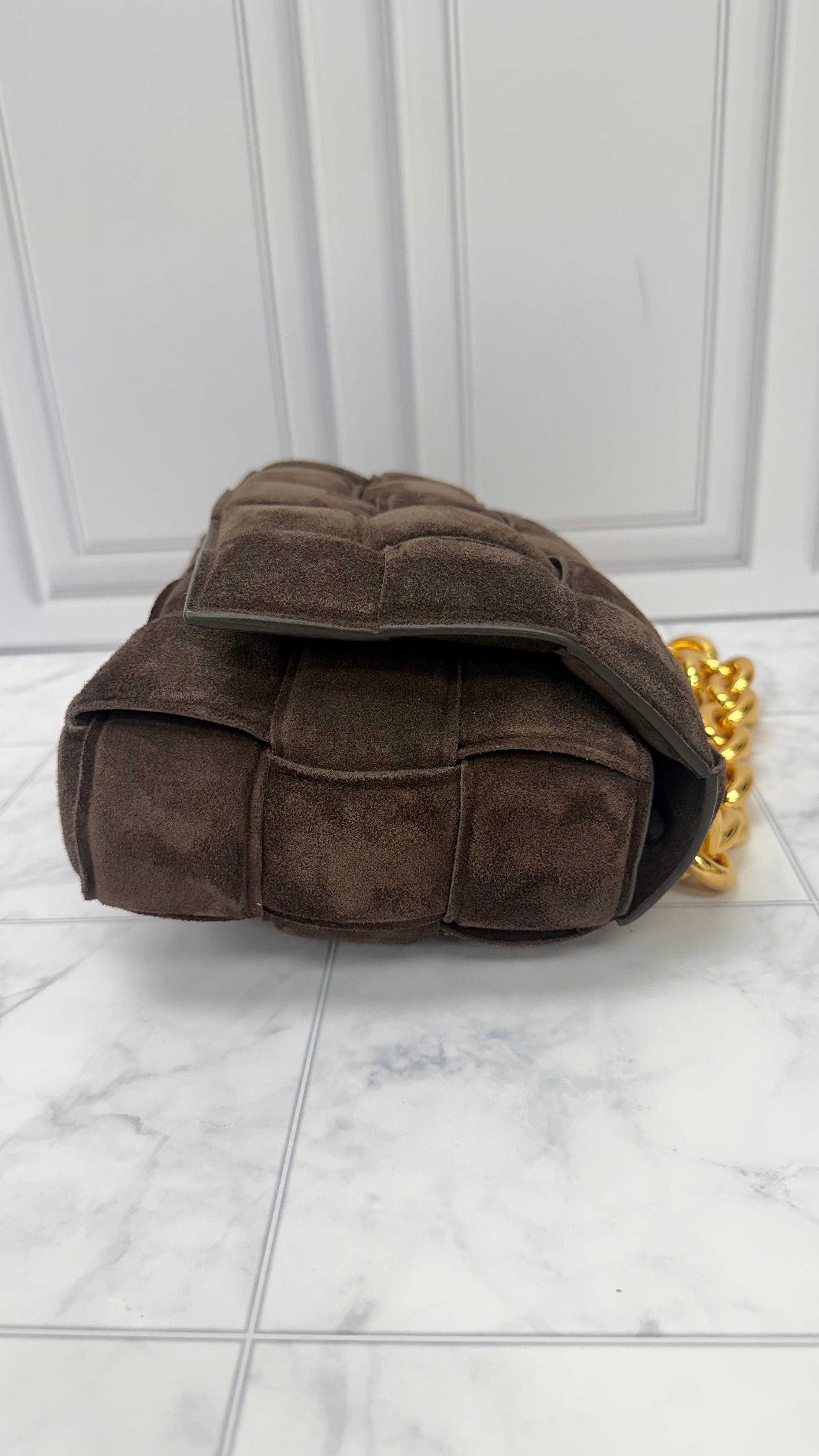 LIKE NEW - Bottega Veneta Brown Suede Leather Cassette Chain Crossbody Bag