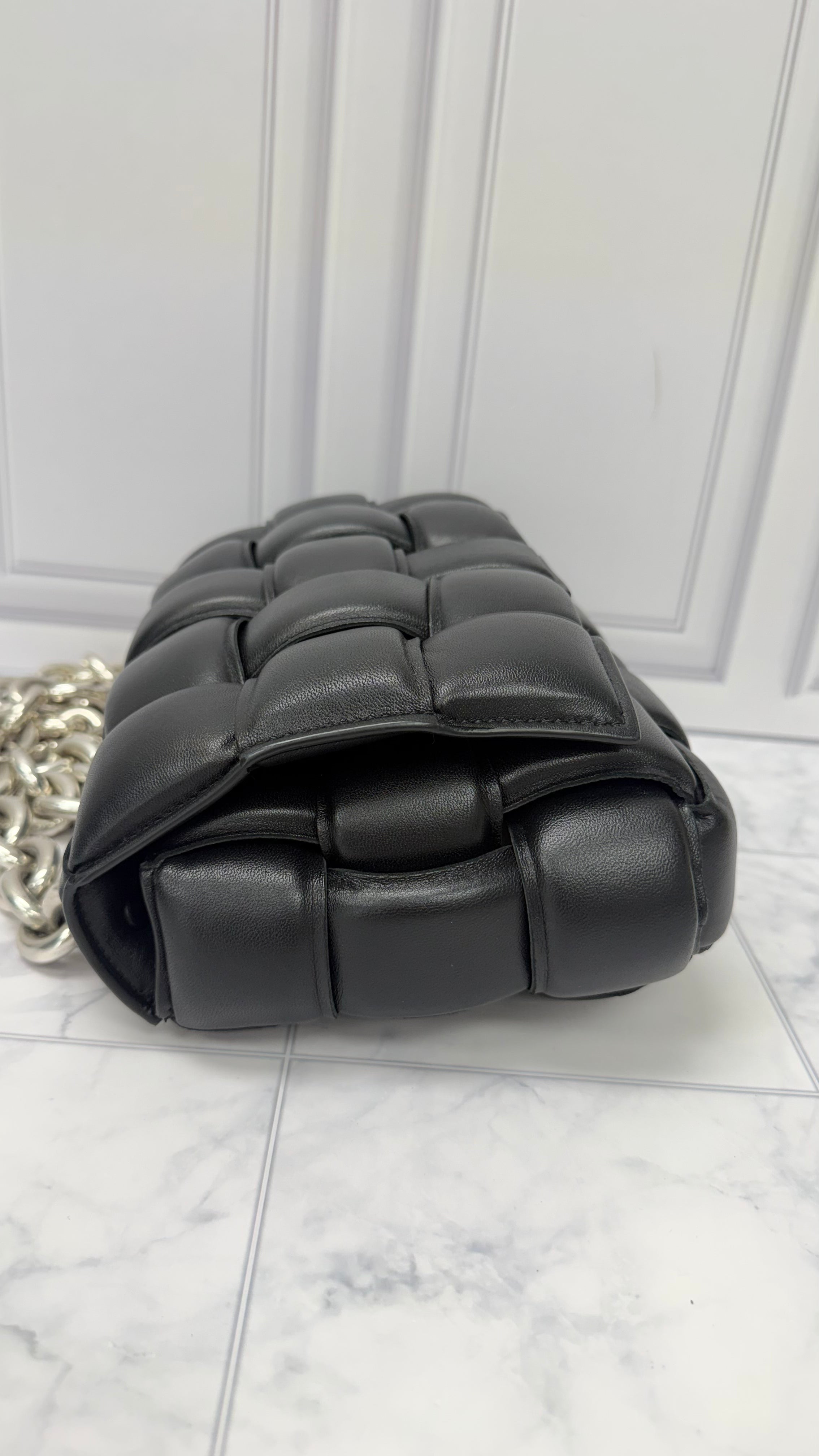 LIKE NEW - Bottega Veneta Black Lambskin Leather Cassette Chain Crossbody Bag