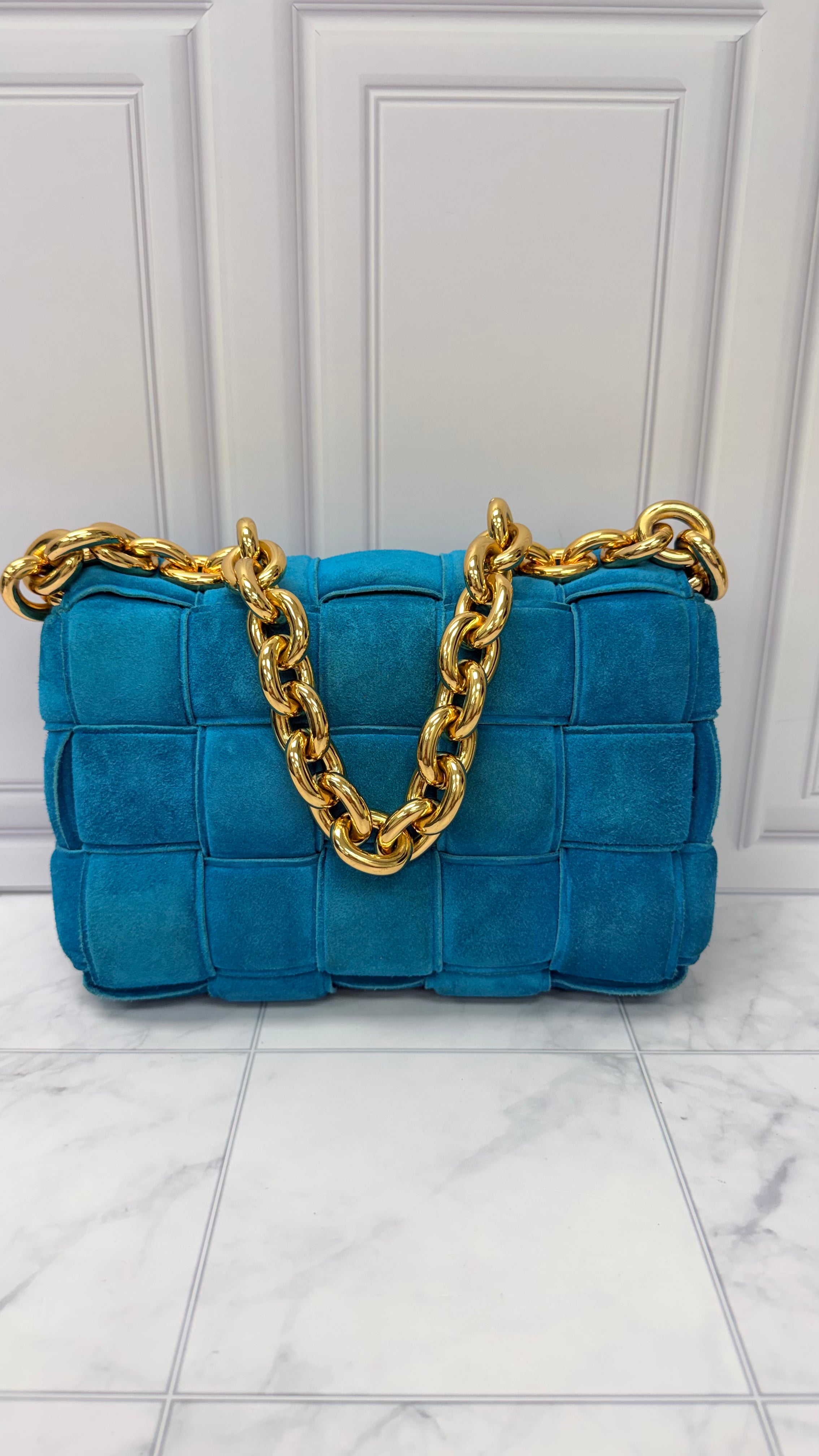 Bottega Veneta Teal Suede Leather Cassette Chain Crossbody