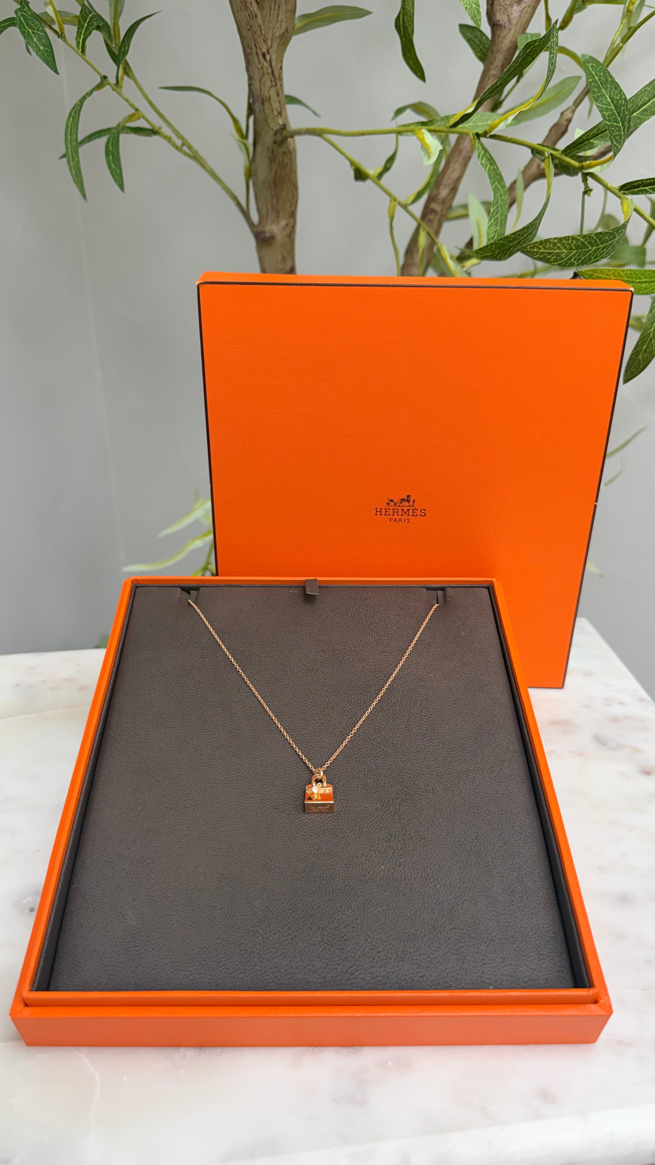 Hermes 18K Rose Gold With Diamond Birkin Amulette Pendant Necklace