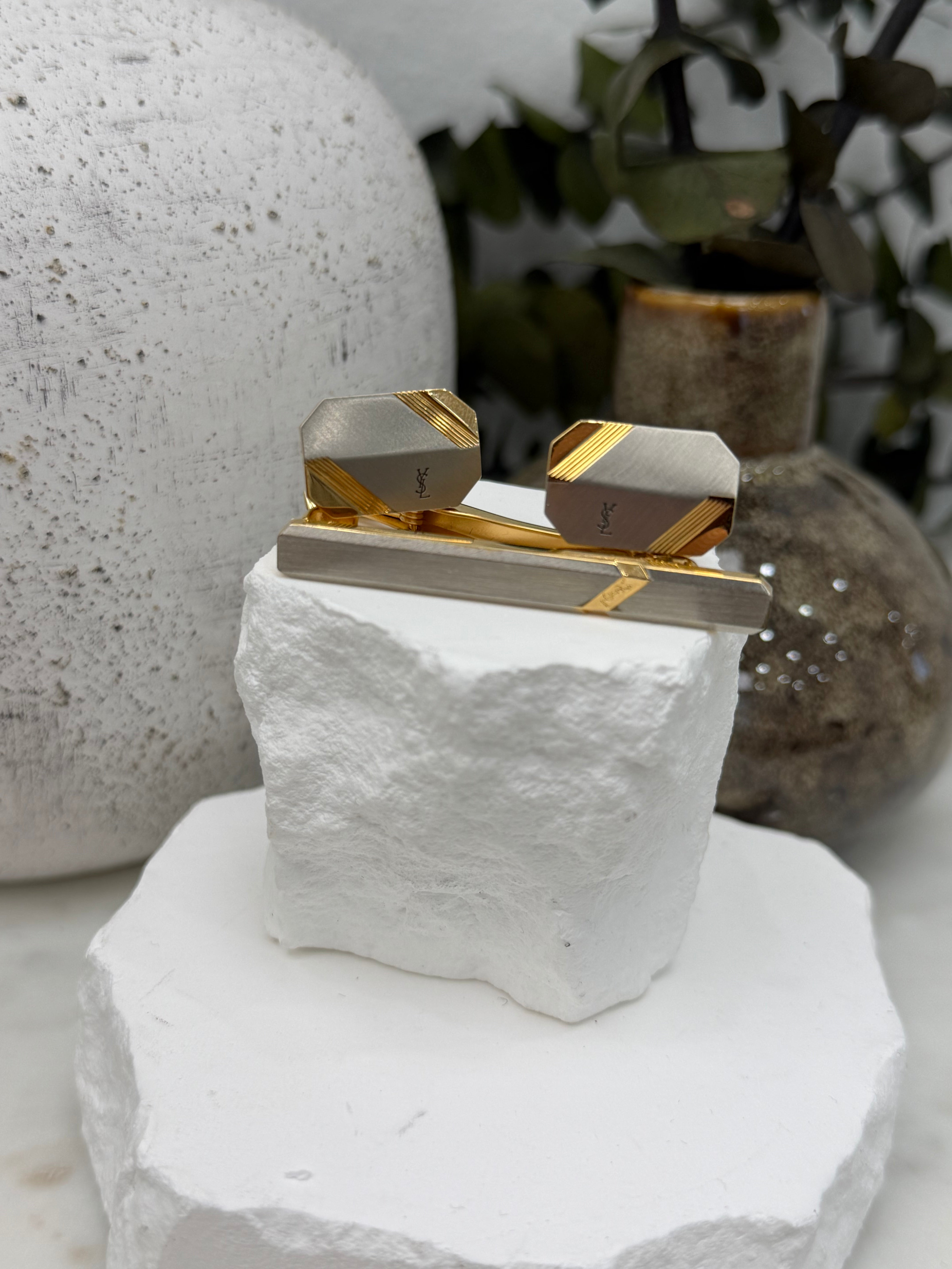 Saint Laurent YSL Vintage Gold Tone Cufflinks & Tie Clip